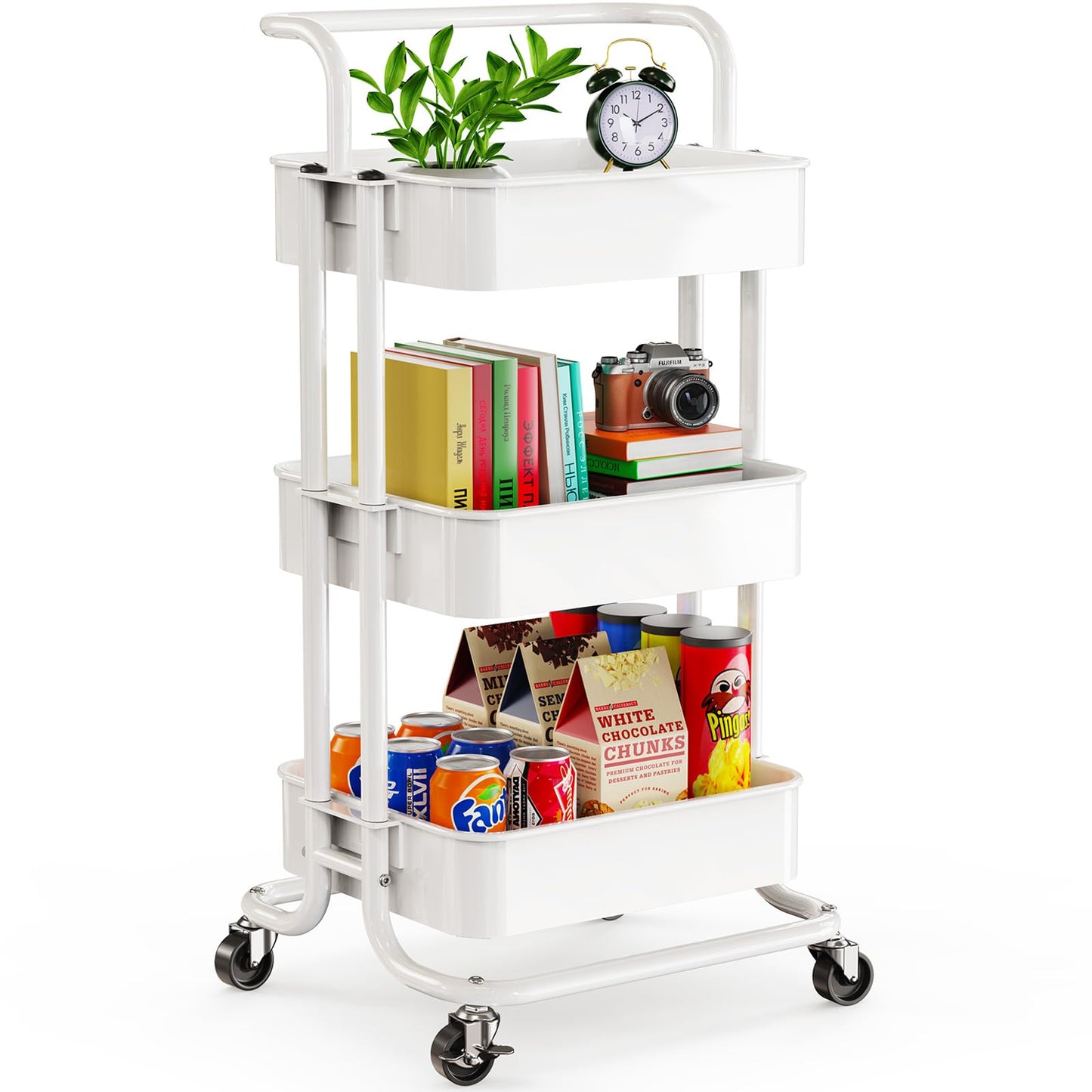 Pipishell 3 Tier Mesh Utility Cart, Rolling Metal Organization Cart with Handle and Lockable Wheels, Multifunctional Storage Shelves for Kitchen Living Room Office White