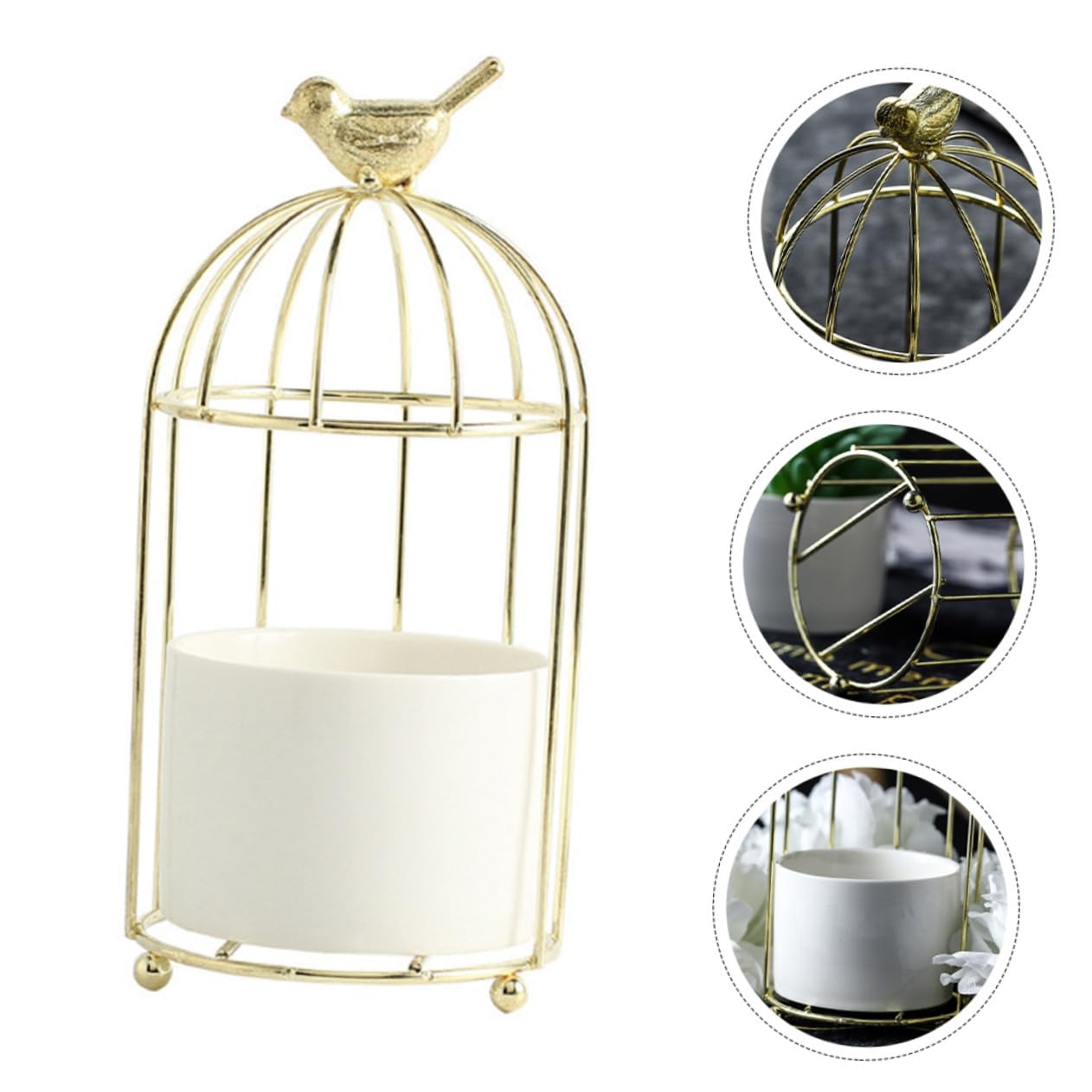 CAXUSD Decorative Iron Rack Flowerpot with Ceramic Planter Gold Plated Birdcage Style Stand Indoor Outdoor Gardening Container for Balcony and Home Plant Display