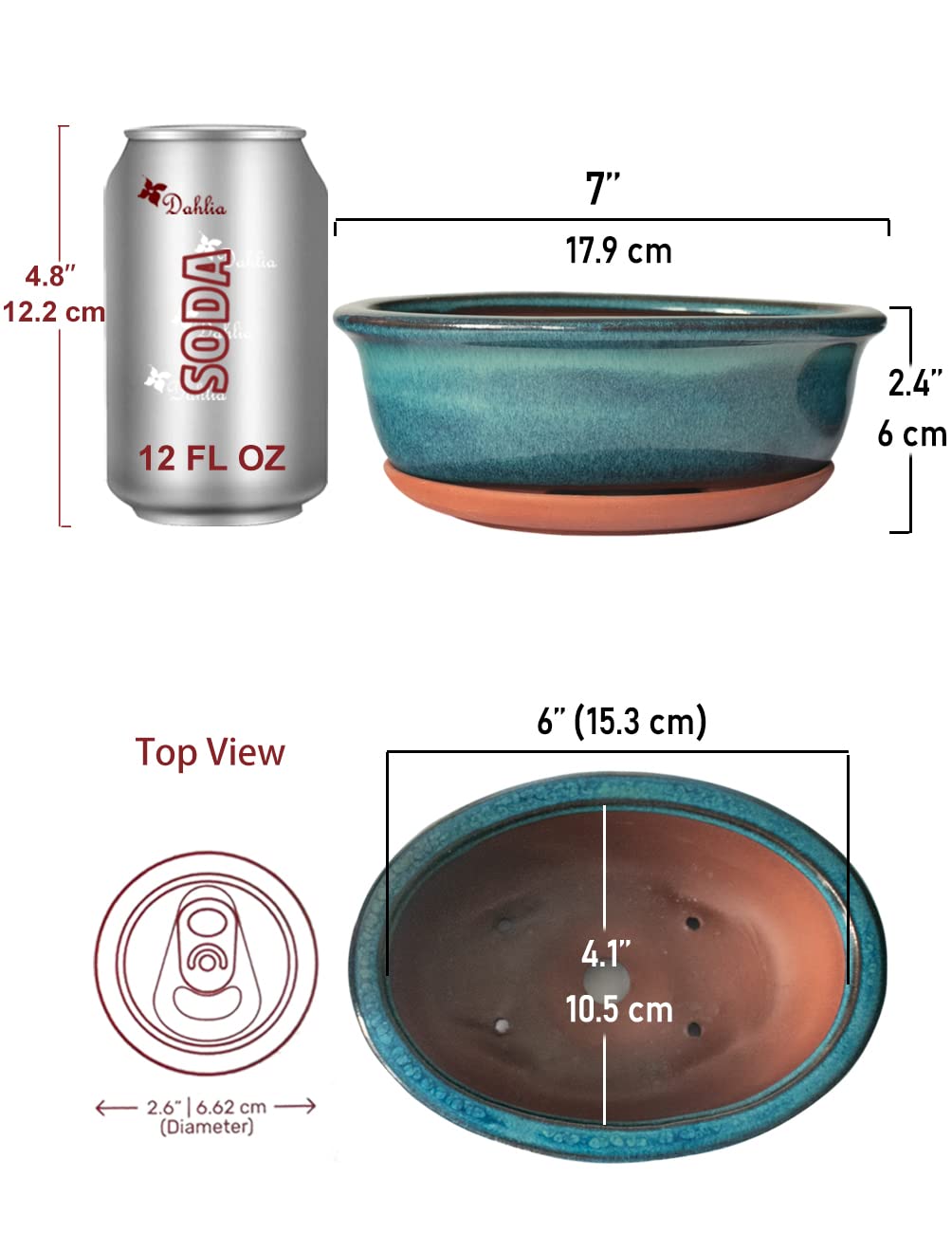 Dahlia Ceramic Succulent Pot/Bonsai Pot w Drainage Hole & Detachable Saucer, 2pc Oval