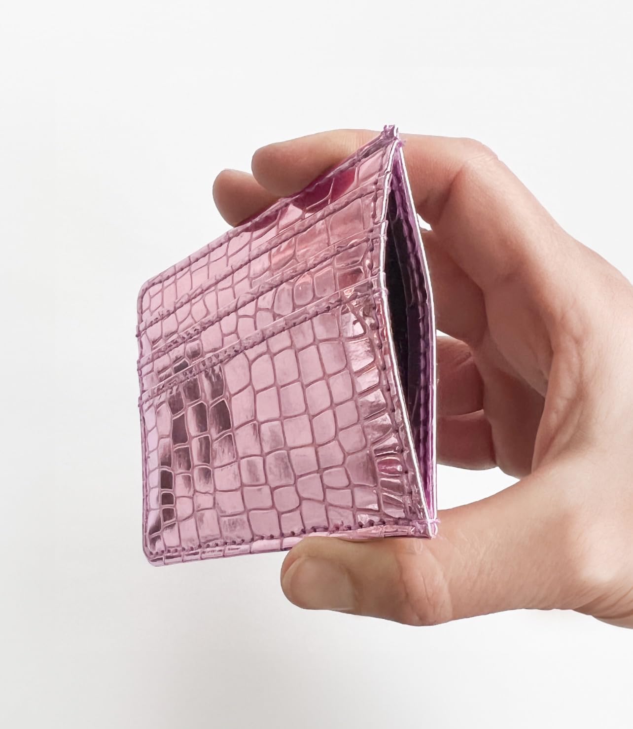 SWEDEY Super Shiny Slim Credit Card Holder Mini Front Pocket Wallet in Mirror Metallic Faux Crocodile pattern (Metalic Pink)
