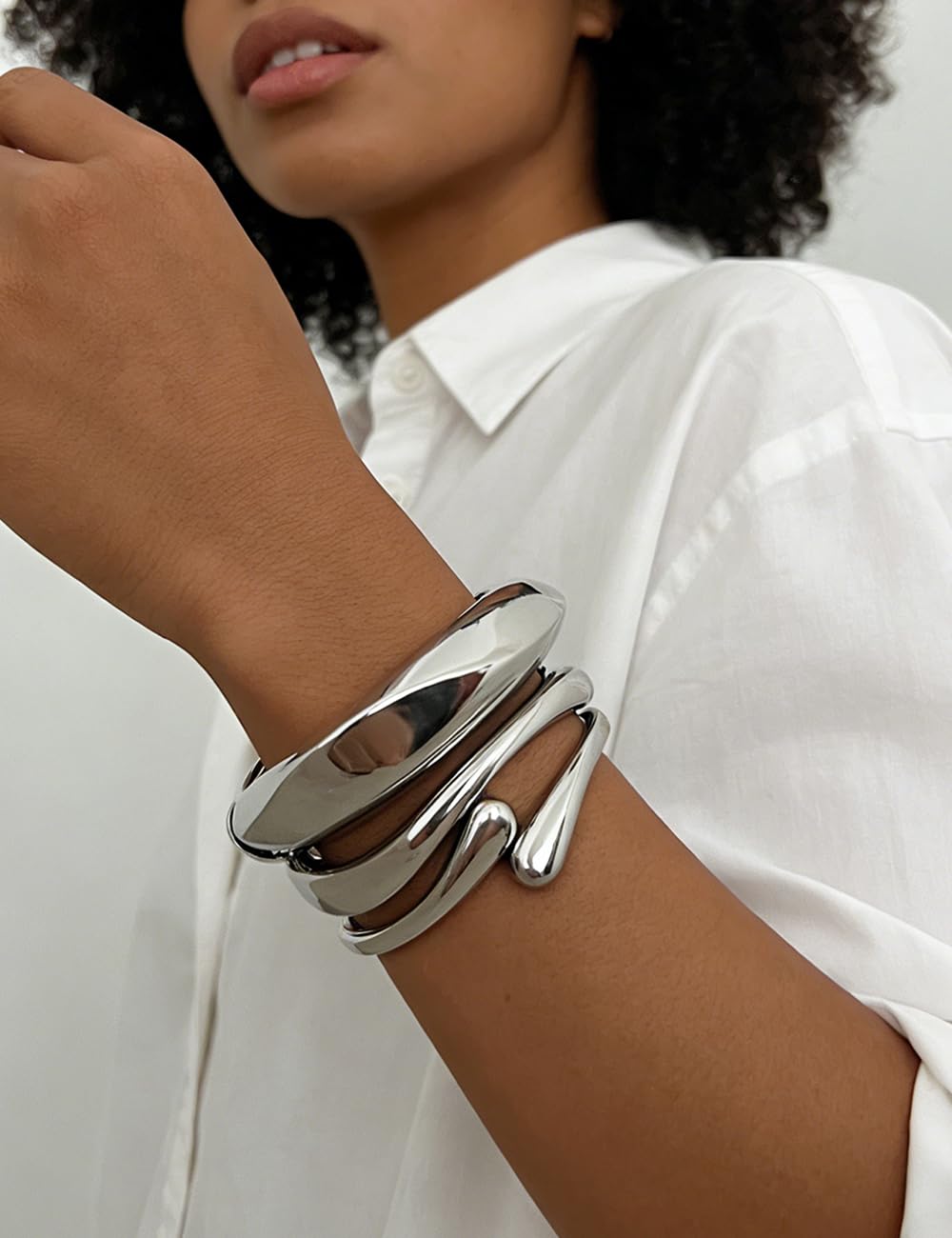 Chunky Gold Bangle Bracelets for Women, Dainty 14k Gold Plated Big Stackable Bangles Set, Trendy Statement Cuff Bracelet Stack Summer Beach Jewelry Gifts (Silver)