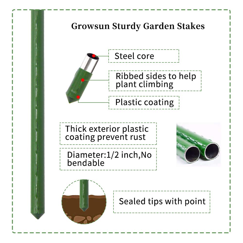 Growsun Tomato Cage for Garden, Upto 73 inch 6 PackTall Tomato Trellis Garden Stakes Plant Support, Green(5ft Stake add 18 inch Adjustable Stakes)