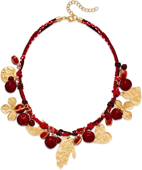 Bohemian Evil Eye Necklace for Women, Gold Plated Moon and Heart Pendant with Red Beaded Chain, Unique Charm Jewelry Gift(N9)