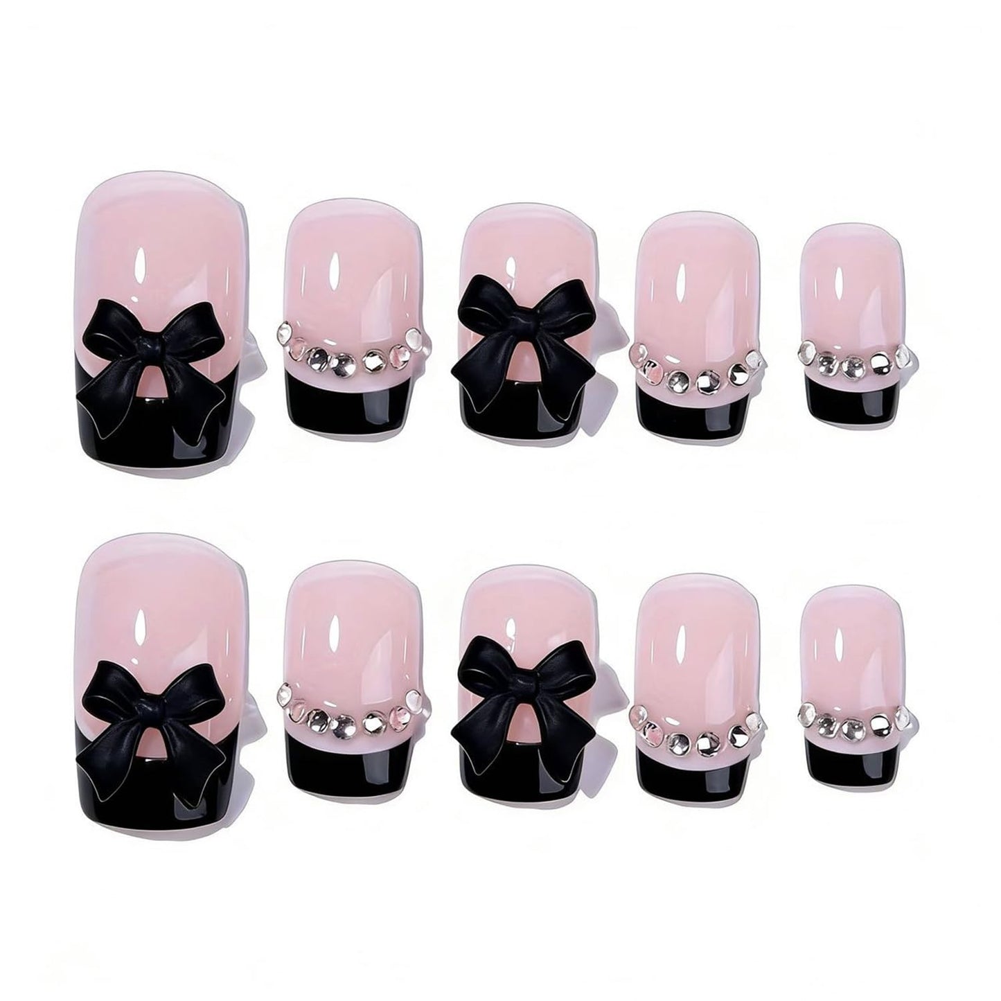 French Tip Press on Nails Short Square Fake Nails with Rhinestone Designs Black French Tip False Nails - Bow Full Cover Glossy Stick on Nails Black Reusable Acrylic Nails for Women
