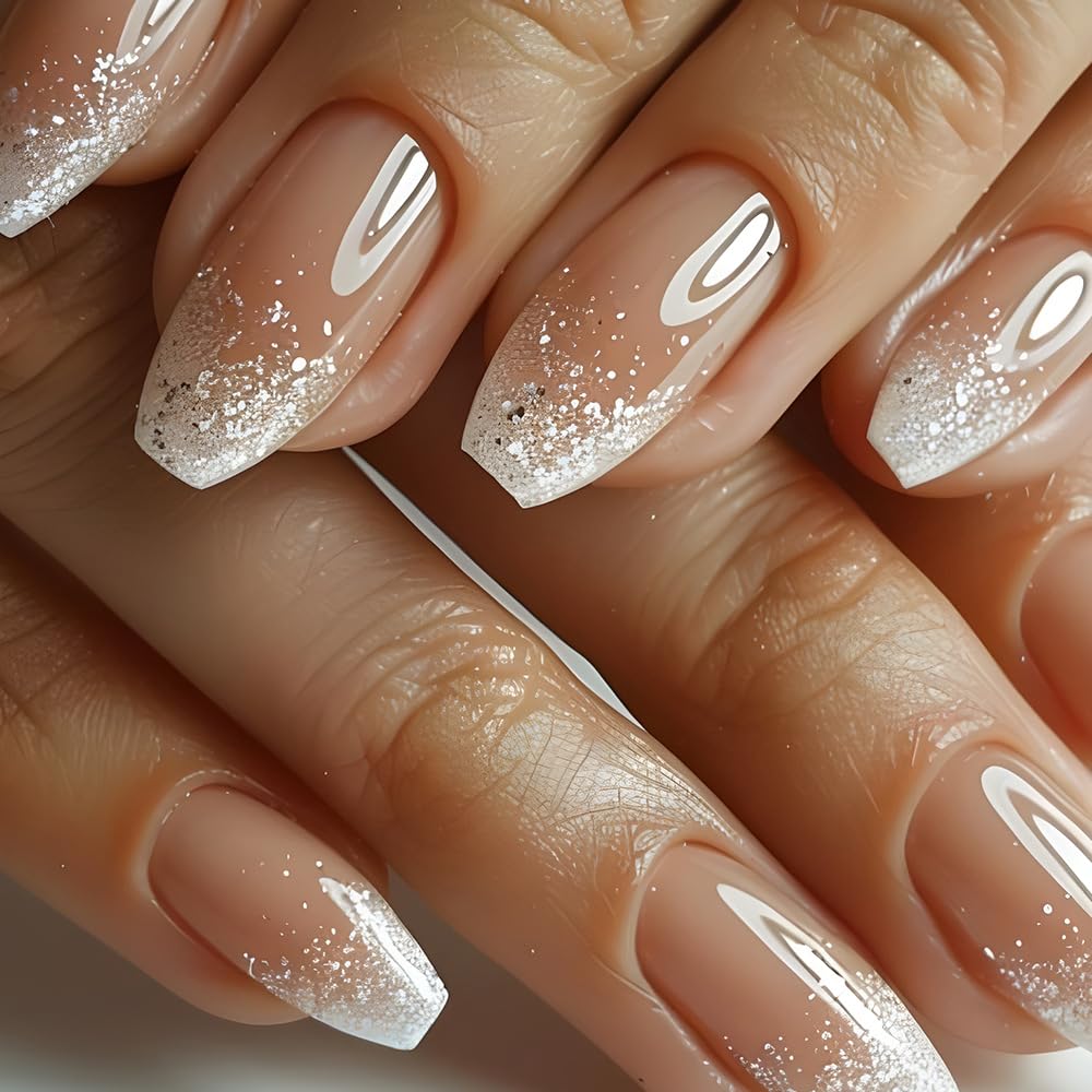 Ombre Press on Nails Short Coffin Nude Acrylic Glitter Glue on Medium Gradation False Glossy Nature Stick on for Women Girls Manicure 24Pcs