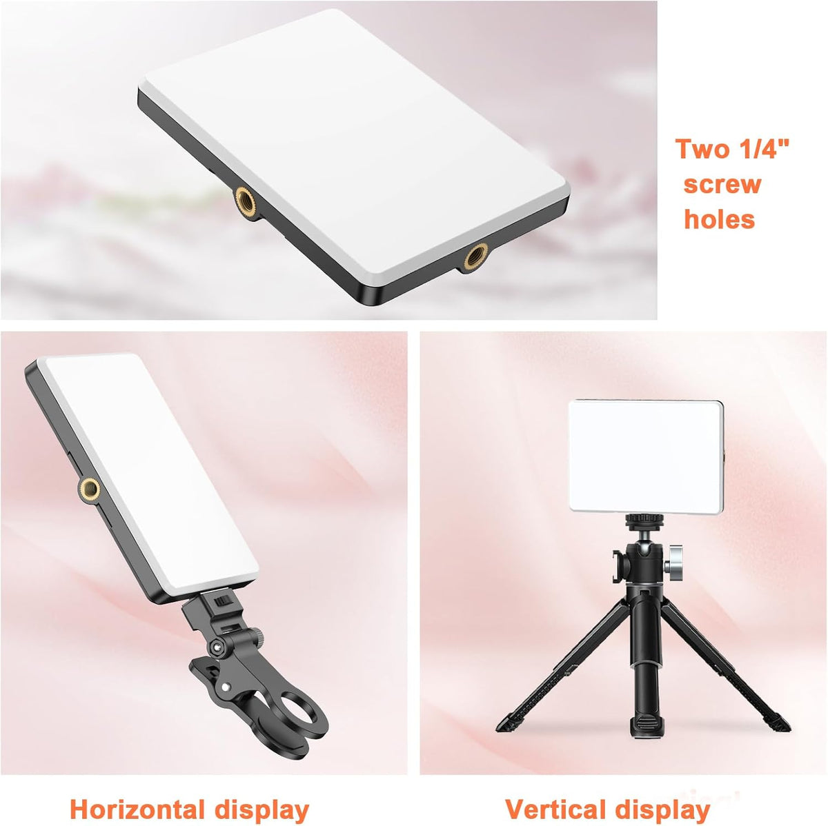 TONEOF Portable Selfie Light,Rechargable 60 LED PhoneLight with Clip & Double 1/4" Screw Hole,2500k-9000K Dimmable for iPhone,Android,Laptop,Tablet,Selfie/Video Conference