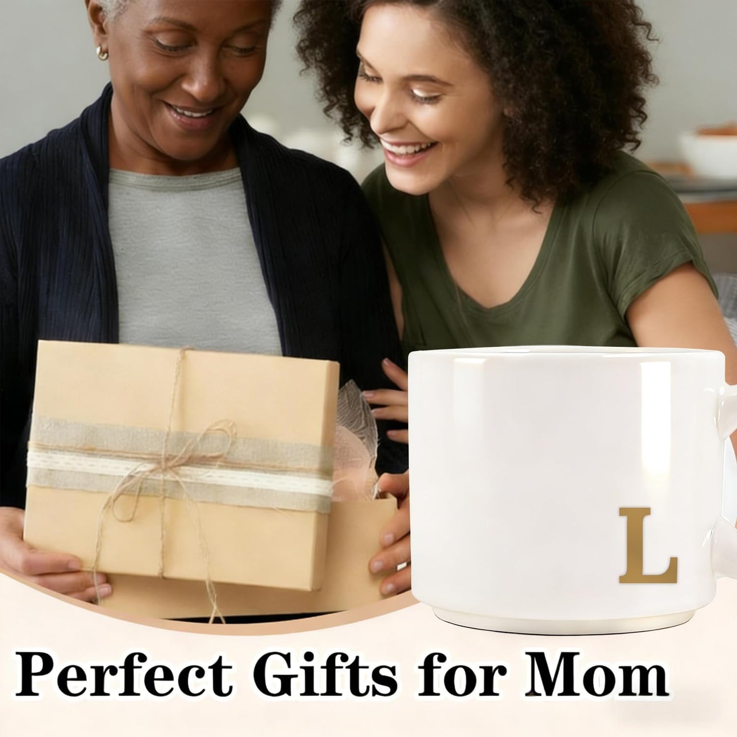 RainVibe Elegant Gift Set for Women – Personalized Monogram Ceramic Mug & Jewelry Tray – 12 oz Gold-Initial Coffee Cup with Gift Box, 4.75" Decorative Dish for Rings, Earrings, Keys (Letter L)