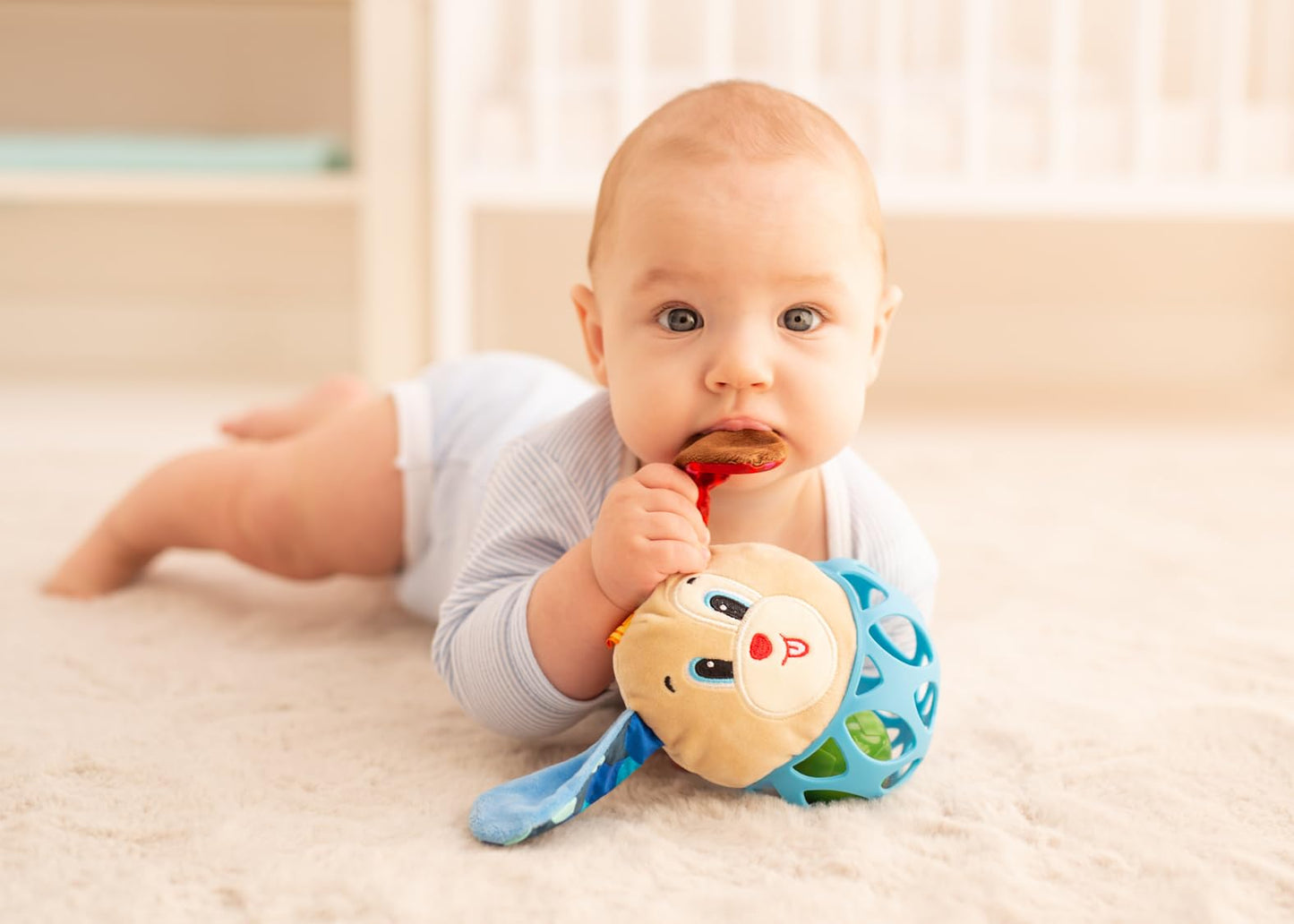 Balibazoo Puppy Paul Rattle Ball Baby Toy – Soft Plush Sensory Toy with Crinkle Ears, Perforated SiliconeTeether Ball & Rattle | Easy-Grip Design | Developmental Toy for Babies 0-24M | Gift