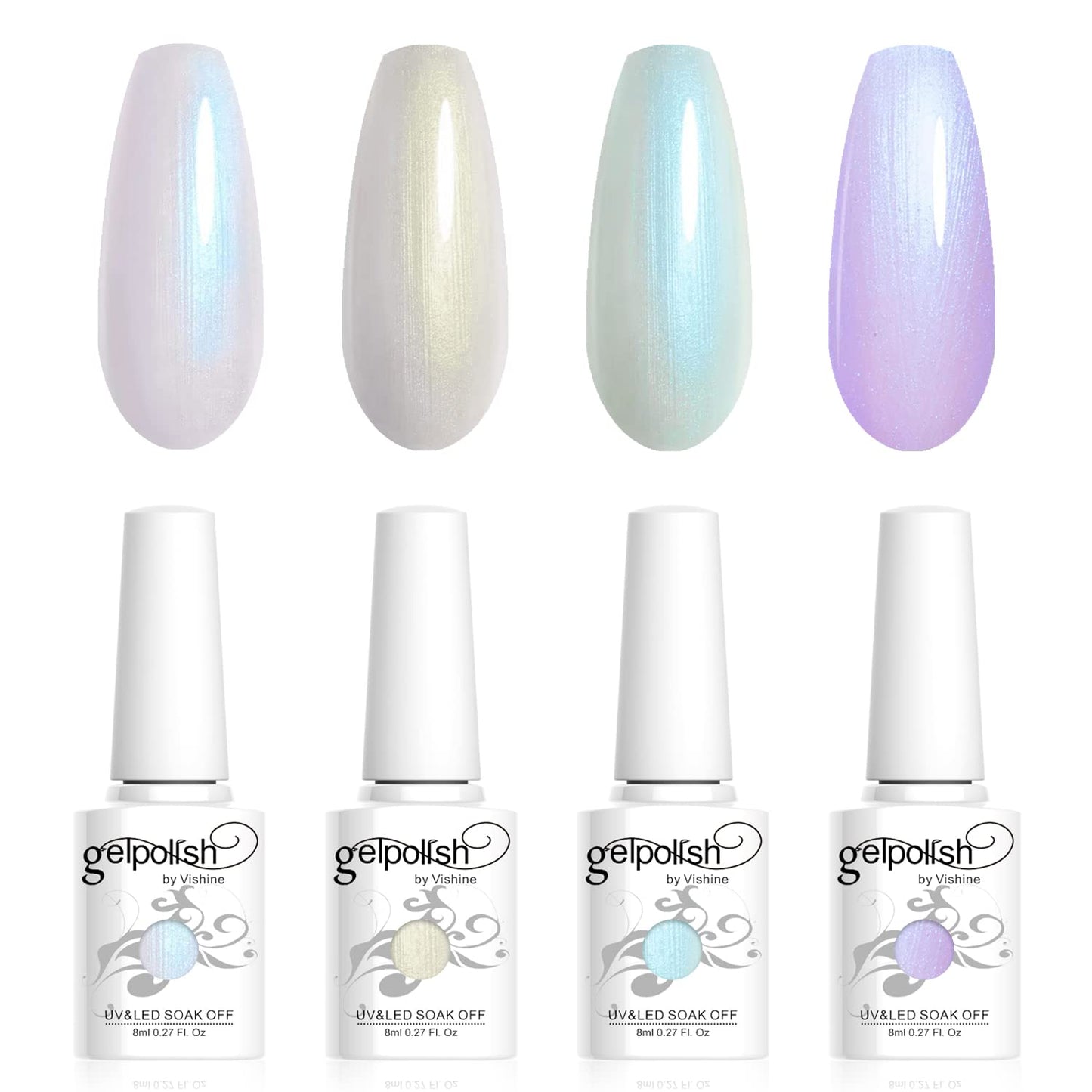 Vishine Pearl Gel Nail Polish Set 4 Color Pearlescent Shell GlitterMilky White Green Purple Shimmer Mermaid Nail Gel Polish Soak Off LED UV Curing Requires Swirl Thread Effect DIY Manicure 8ml