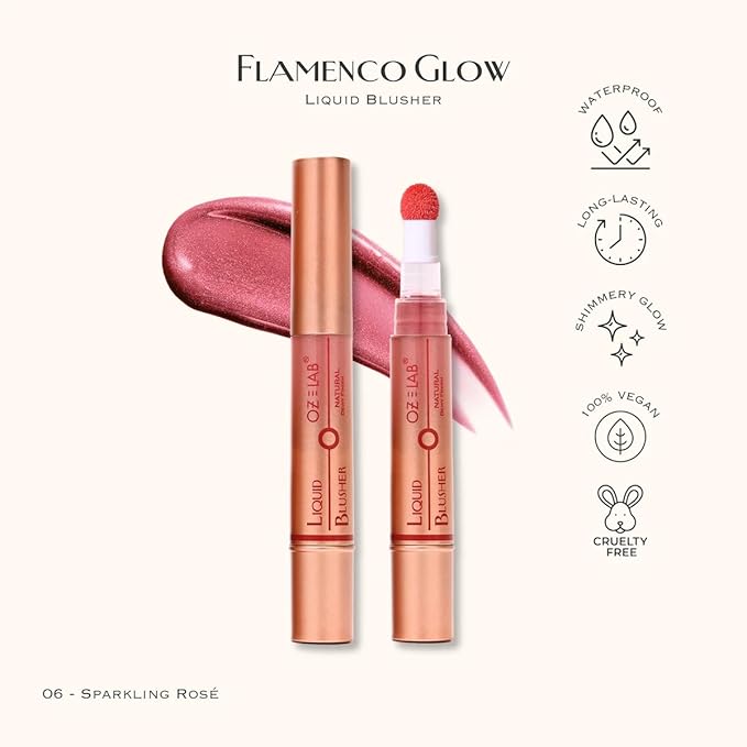 Flamenco Glow Liquid Blush – Sparkling Rosé – Rosy Pink Shade with Built-in Sponge Applicator – Lightweight, Blendable, Long-Lasting, Vegan & Cruelty-Free, 6ML/0.21 FL.OZ，pack of 1