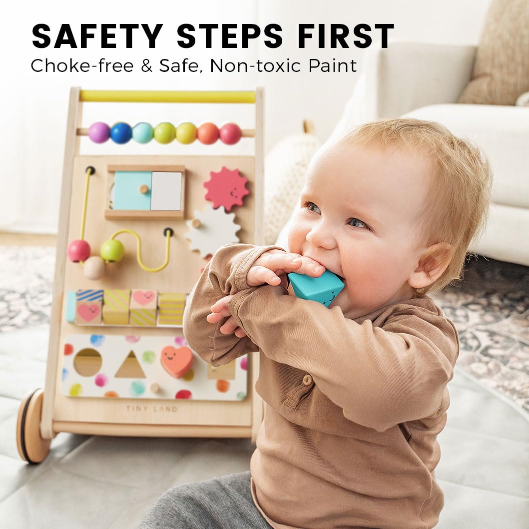 Tiny Land Wooden Baby Walker with Adjustable Speed, Montessori Activity Push Walker Toy for Toddlers, Colorful Learning Walker for Boys & Girls (Rainbow)