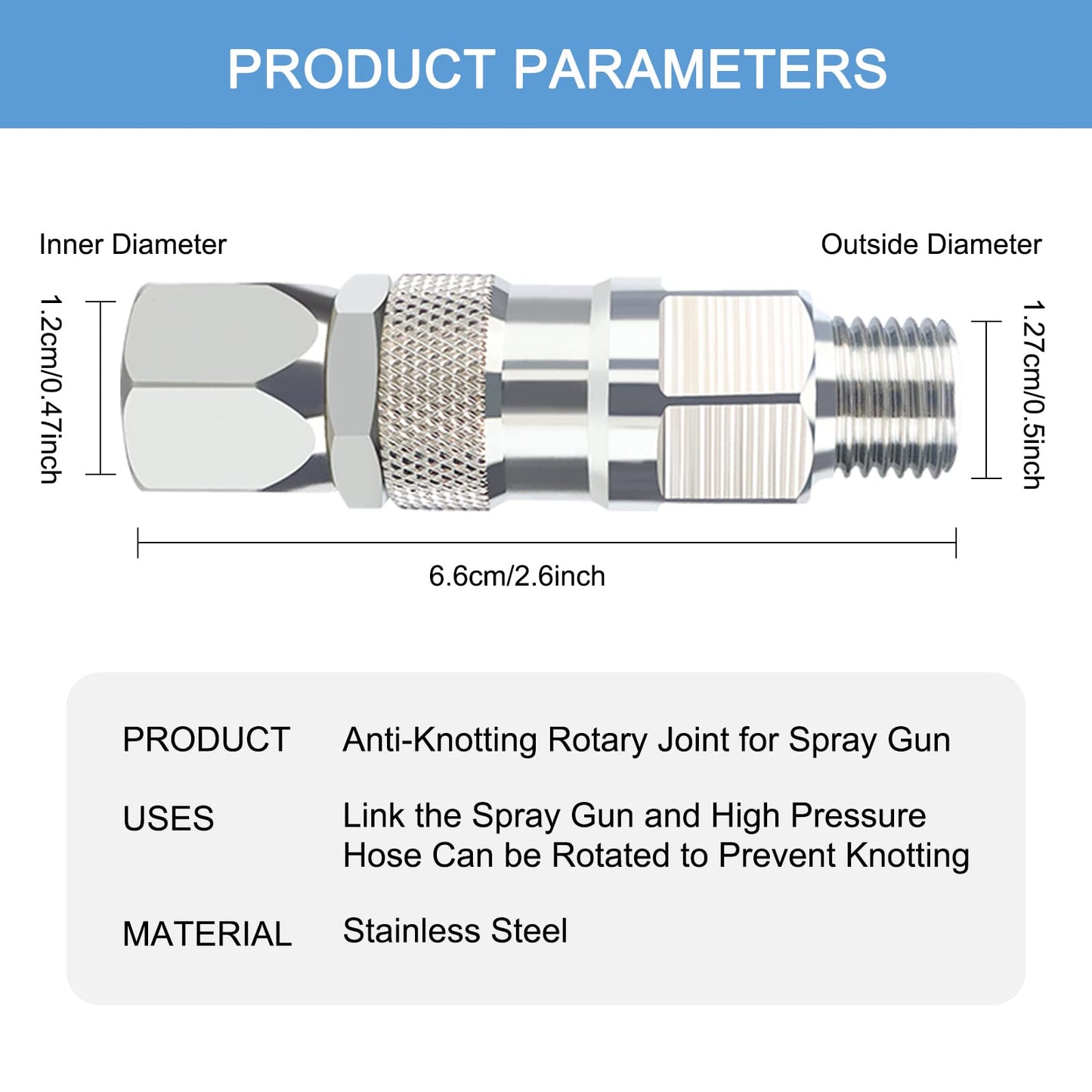 Sprayer Joint 360 Degrees Rotate Stainless Steel Airless High Pressure Spray Gun Hose Swivel Joint Connector Accessories for Paint Sprayers & Hose (1/4inch)