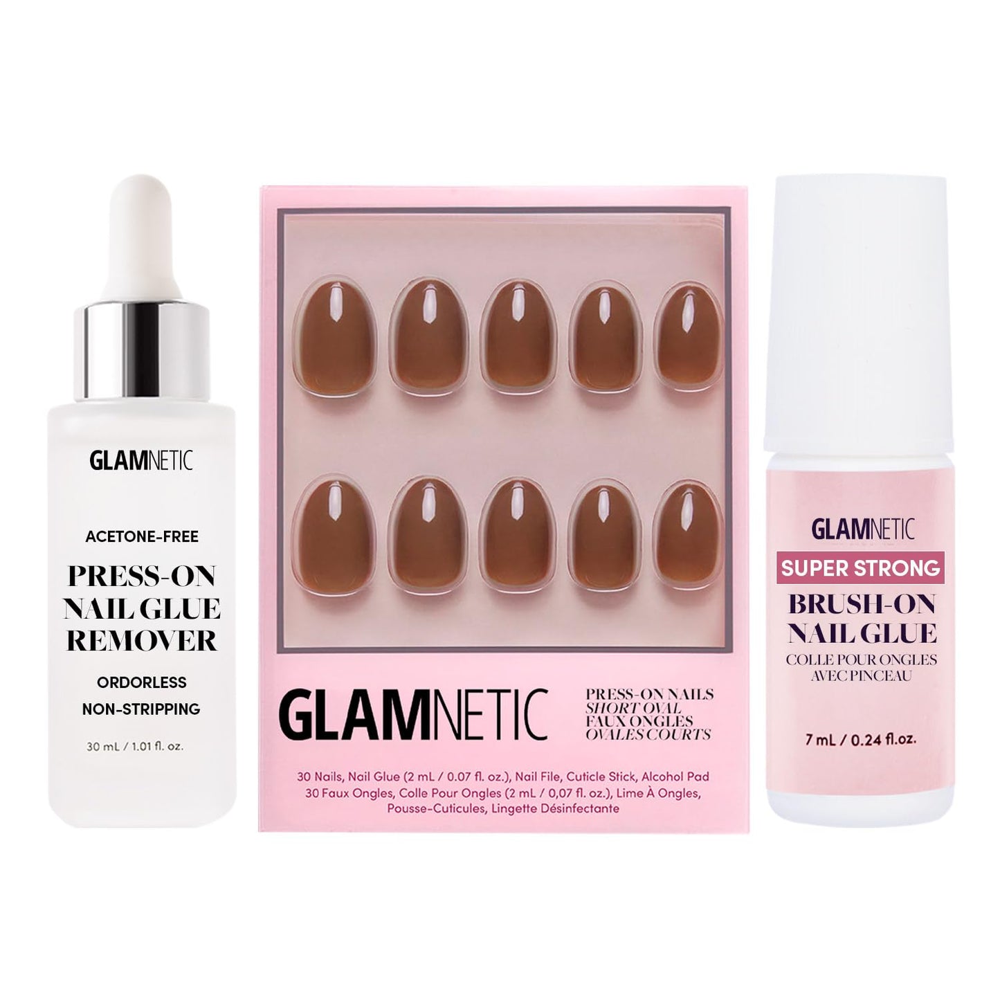Glamnetic Press-On Nails - Chocolate Brown | Muted Soft Brown Short Oval False Nails | 15 Sizes - 30 Nail Kit with Glue and Remover