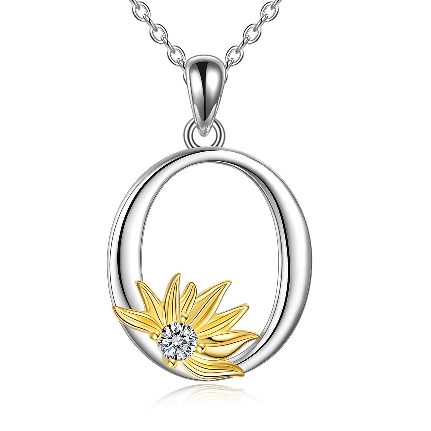 POPLYKE Sterling Silver Initial Alphabet O Letter Script Name Pendant Chain Necklace for Women for (Sunflower O)