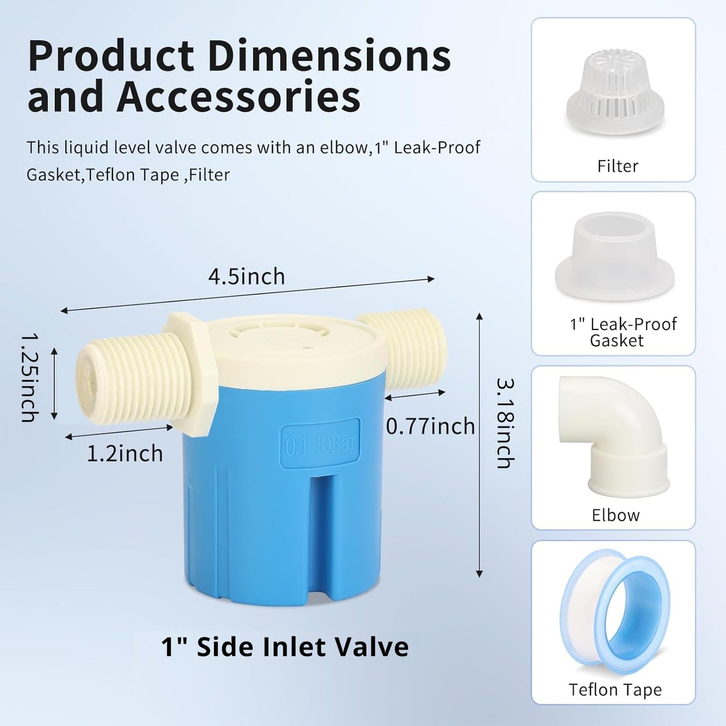 1" Side Inlet Water Float Valve, Automatic Water Level Controller - Large Flow, Plastic, for Large Water Tank, Pond, Livestock Trough