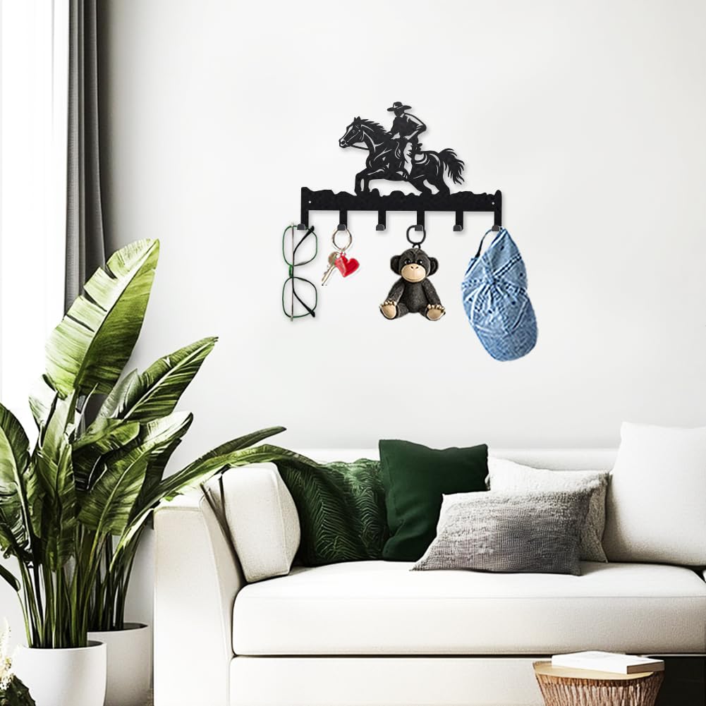 MAYJOYDIY Human Horse Riding Metal Key Hooks 9.8×15.7 Inch Western Cowboy Hat Wall Mounted Hook Hangers Grasslands Key Holder for Wall with 6 Hooks for Kitchen Entryway Hallway Garden Doorway
