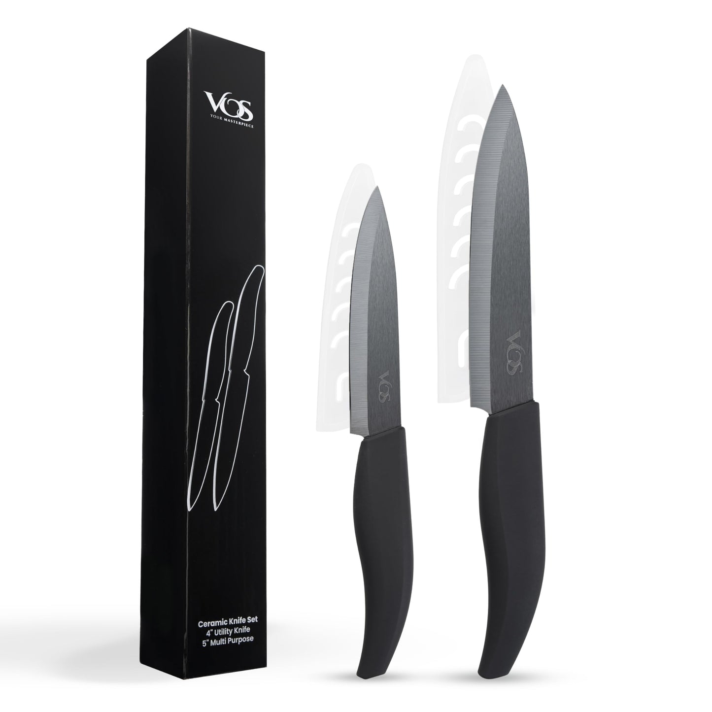 Vos ceramic knives set for kitchen in gift box, set of 2 ceramic knife with cover, 5.5" santoku & 4.5" utility for home cooks, Ultra Sharp, lightweight, rust-free, dishwasher safe (Black handle)