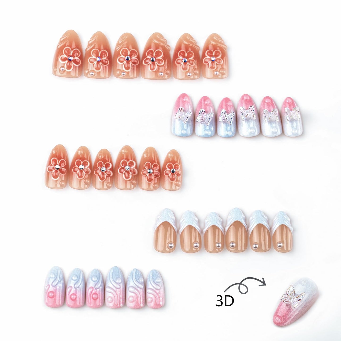 30Pcs Summer Press on Nails Medium Almond Fake Nails 3D Butterfly Flower Design Colorful French Tip False Nails Rhinestone Acrylic Nails Water Ripples Pink Gradient Flowers Stick on Nails for Women
