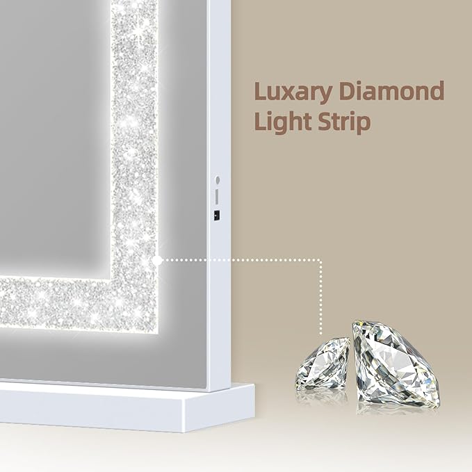 Fenair Vanity Mirror with Lights 22.8’ * 18.1’ Diamond Light Strip Makeup Mirror with Tempered Glass, 3 Color Modes Light up Mirror with USB Charging Port, 10X Magnification and Smart Touch, White