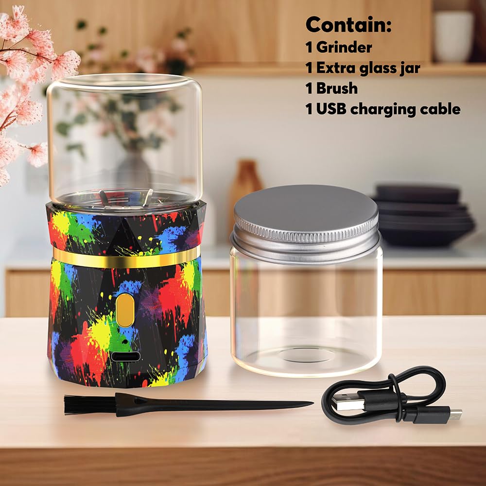 Electric Grinder, Small Spice Grinder Electric Grinders Mini Size 2inx3.5inches with 2pcs 1.7oz/50ml Glass Jar Rechargeable Automatic Small Grinder
