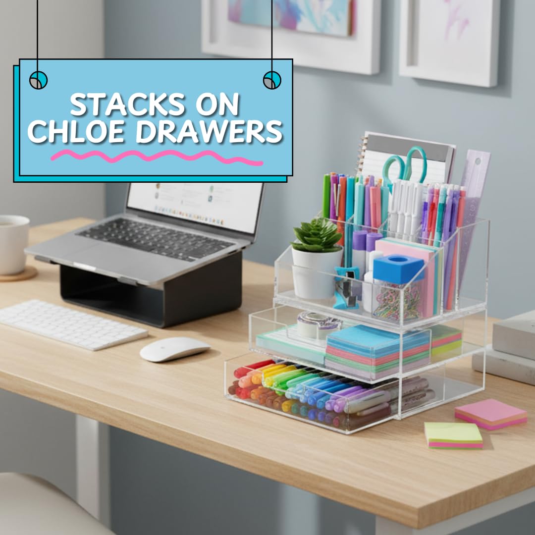 STORi Chloe Clear Plastic Stackable Desk Organizer, Rectangular 6-Compartment Office Supply Holder for Pens, Markers & Notepads, Made in USA