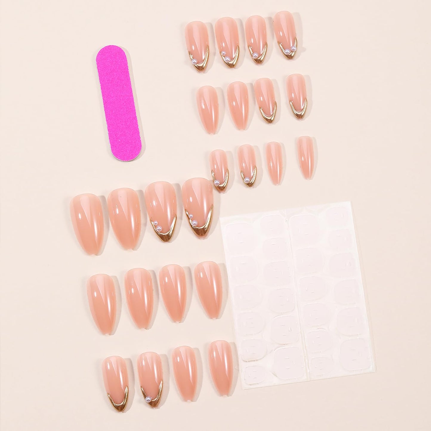 French Tip Press on Nails Almond Medium Fake Nails Elegant False Nails with Pearls Designs Gold Glossy Glue on Nail Full Cover Wedding Acrylic Nails for Women Girls 24Pcs