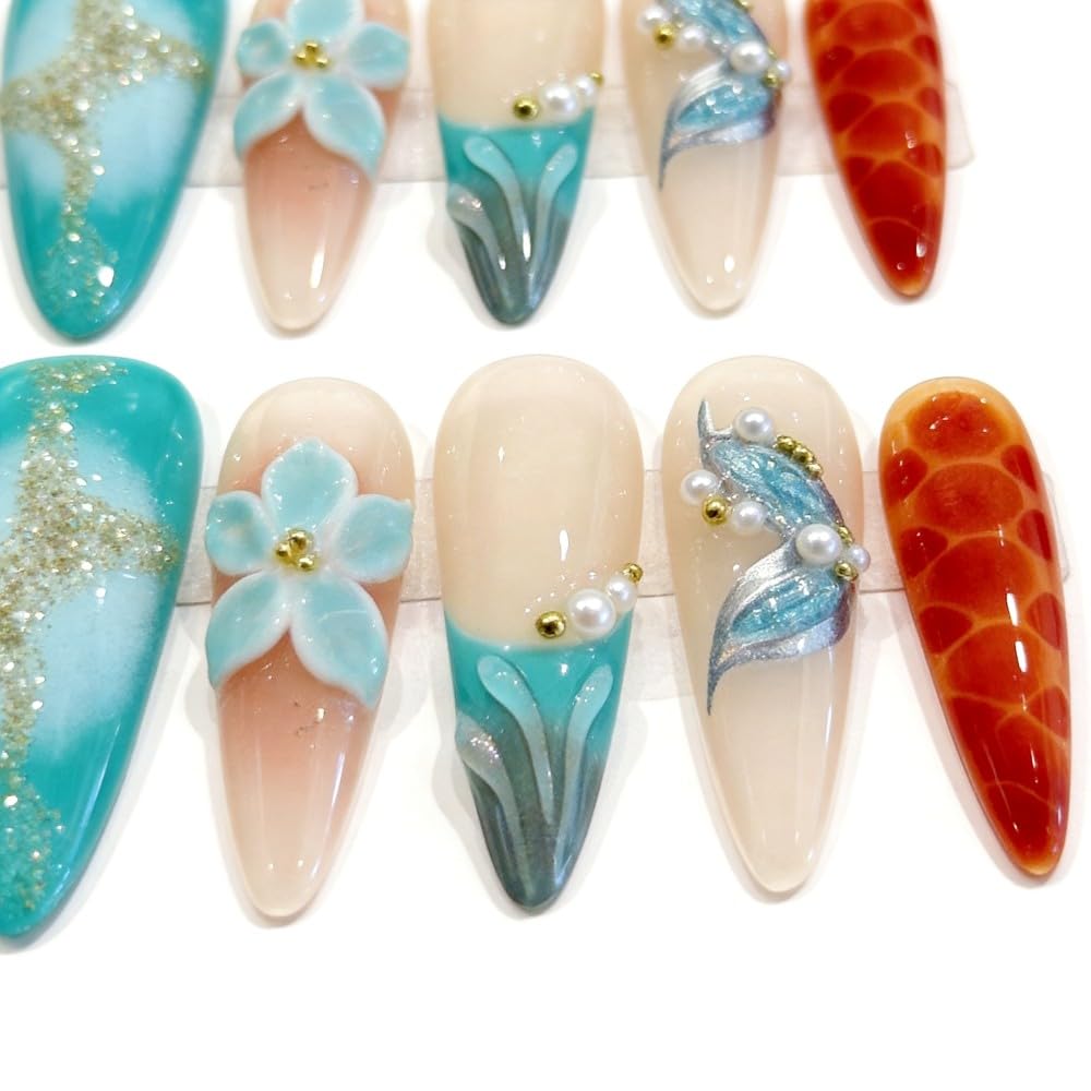 Vokupoga Long Almond Press on Nails Handmade Fake Nails French Stiletto False Nails with 3D Flower Designs Glossy Artificial Nails for Women 10Pcs(Size M)