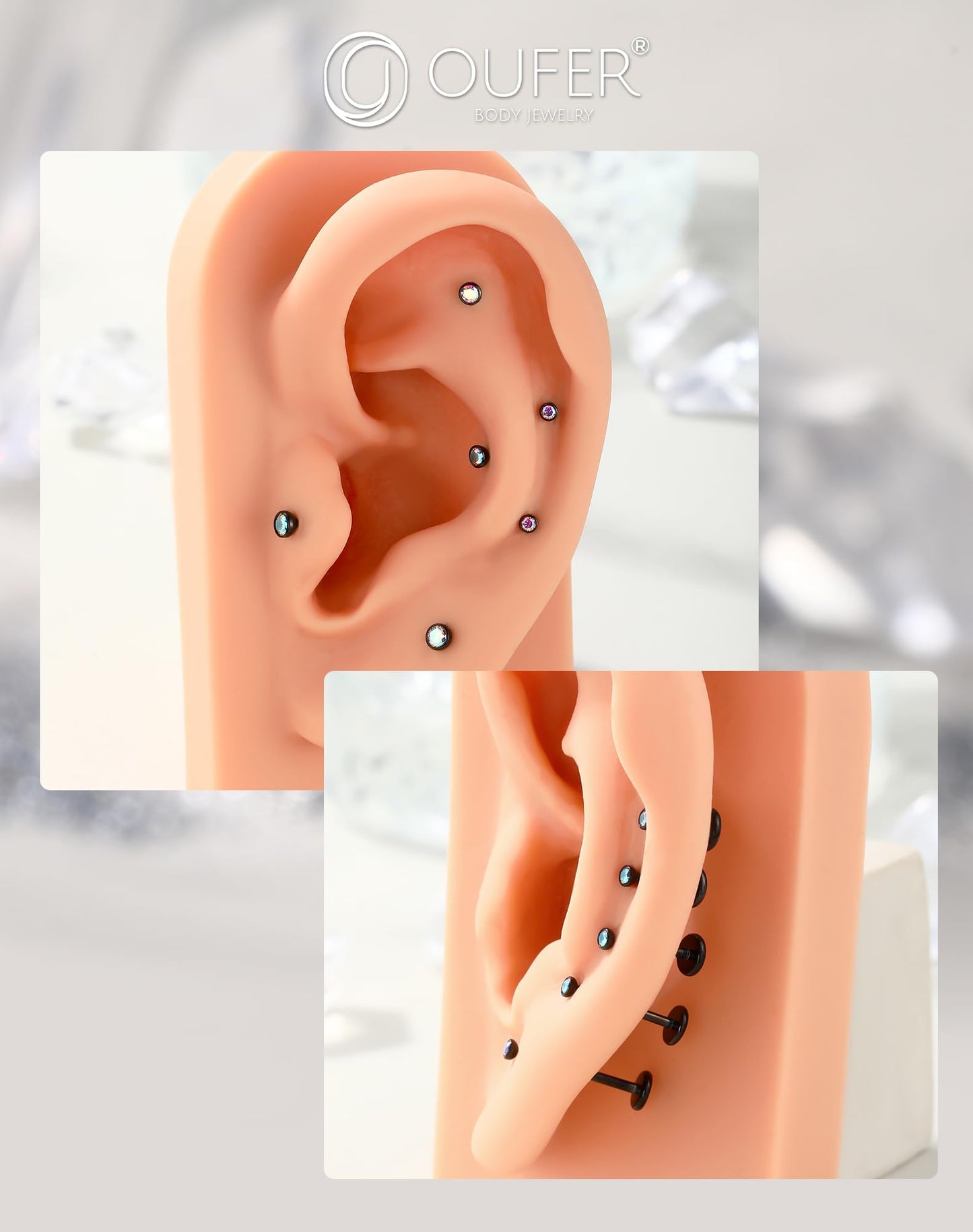 OUFER 2Pcs Black AB Nose Studs, 18G G23 Solid Titanium Threadless Stud Earrings Flat Back Tiny CZ 2MM Nose Helix Cartilage Tragus Conch Piercing Jewelry-6MM