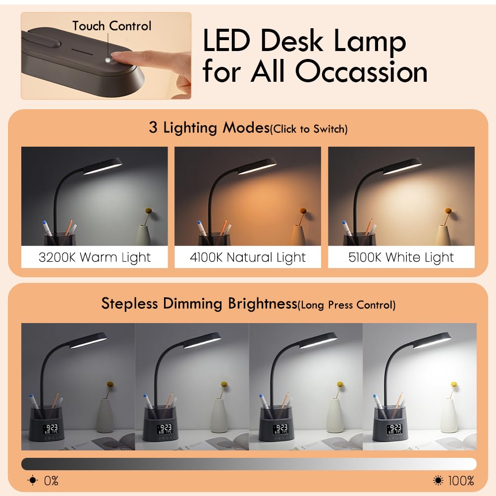 WILIT LED Desk Lamp for College Dorm Room Essentials, Students Study Lamp with USB Charging Port, Pen Holder, Clock & RGB Night Light, Office Desk Accessories, Table Lamp for Bedroom - Gray