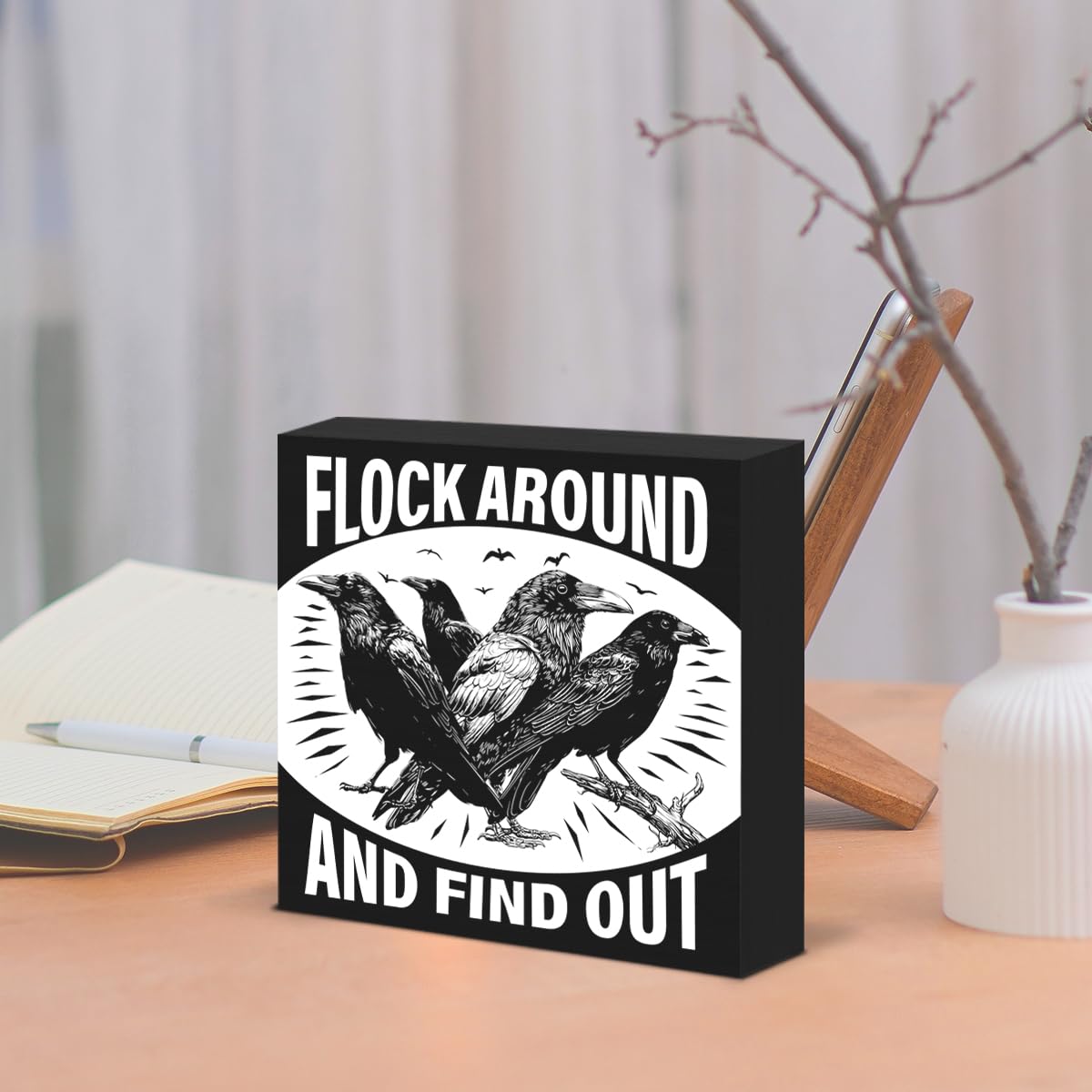 Funny Gothic Black Crow Sign Decor Goth Raven Black Wood Block Sign Crows Lover Gifts