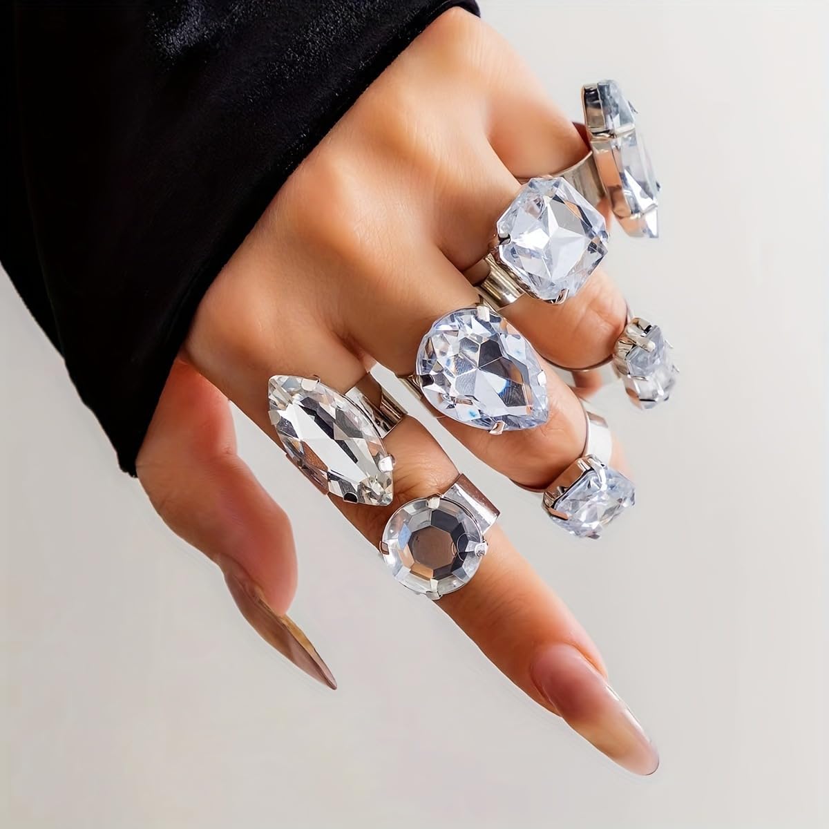 Vivian&CD Silver Chunky Cubic Zirconia Rings Set for Women, Open Adjustable Stackable Non-Tarnish Chunky Knuckle Rings Trendy Fake Diamond Wedding Engagement Promise Eternity Ring Jewelry (Silver)