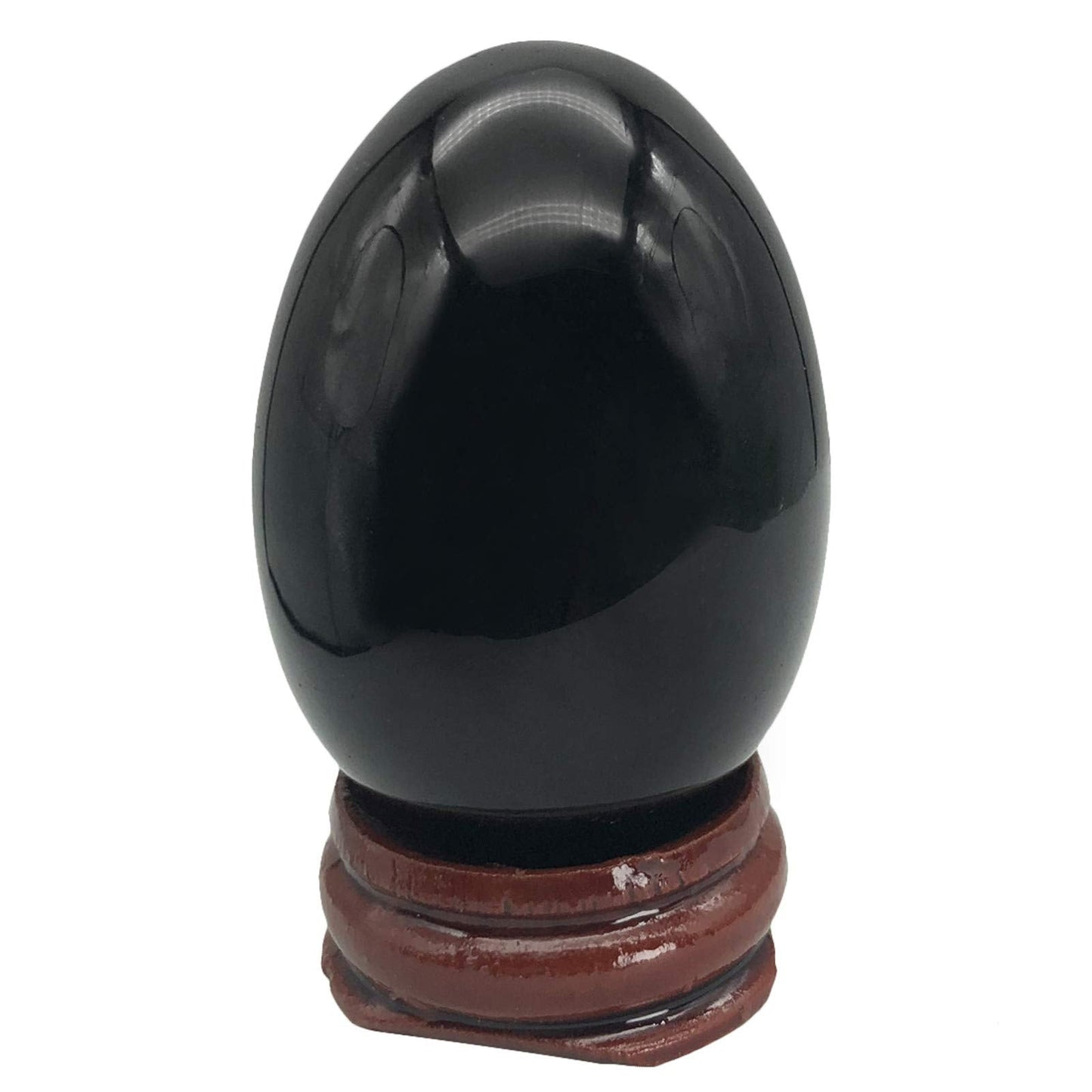 Fekuar Stone Egg Figurine, Polished Healing Crystal Easter Eggs Sphere Sculpture with Wood Stand, Natural Black Obsidian, 1.8"
