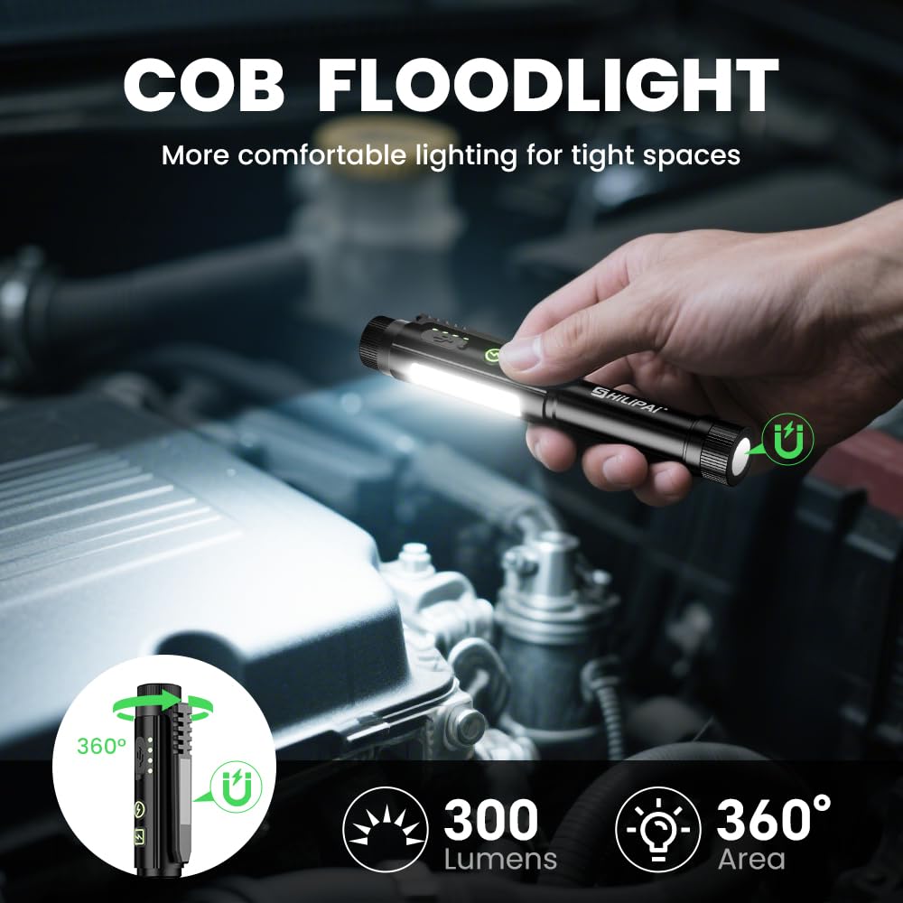 SHiLiPAi Pen Light Flashlight,600 Lumens Rechargeable 8 Modes COB Magnetic Flashlight with Clip Bright Pocket Flashlights Work Light Portable Waterproof Durable Penlight for Nurse(2p Black)