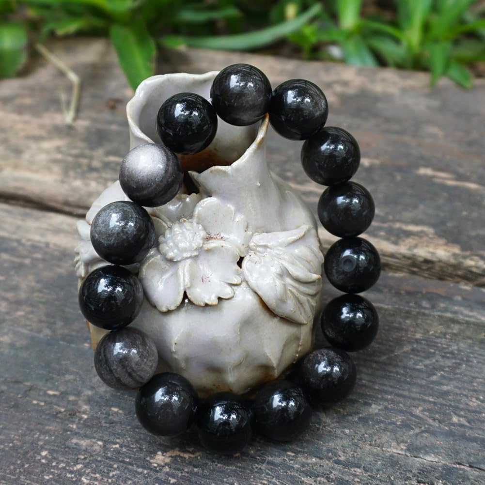 TaHLga 14mm Silver Obsidian Crystal Bracelet | XLarge Size | Natural Root & Third Eye Chakra Stone | Protection & Intuition | Fits for XLarge Wrist 8.5-9" | Come with Box & Pouch