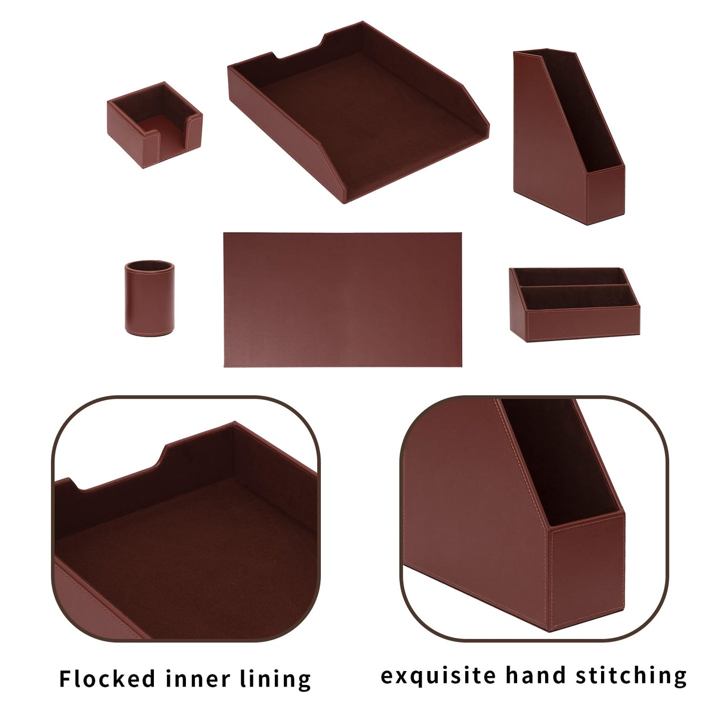 XNONE Office Supplies PU Leather 6-Piece Desk Organizer with Writing Pad, Letter Tray, File Folder Sorter, Pen Cup, Note Holder, Business Card Holder - Brown
