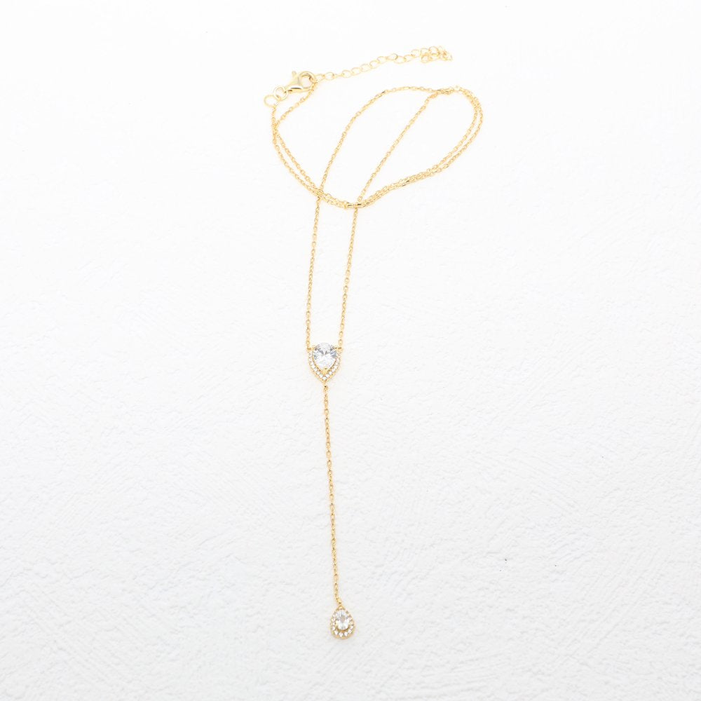 CZ Pear Drop Lariat Necklace 16" with 2.75" Y Drop Adjustable, 14K Yellow Gold Finish
