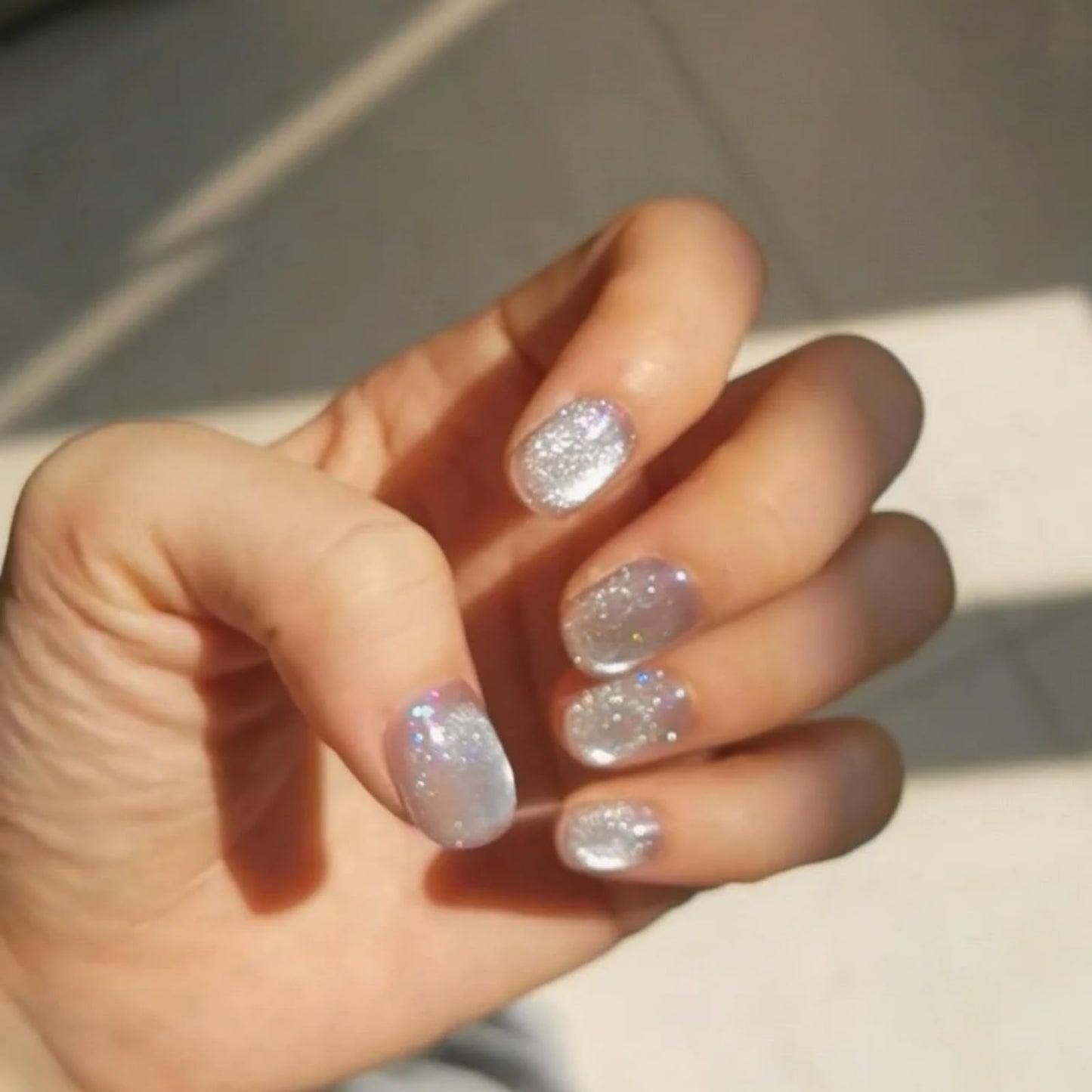 Cat Eye Press on Nails Handmade Short Oval/Square/Round False Nails with French Tip/Aurora/Magnetic Shimmer Designs (Glitter#Flowering Shrubs, Medium)