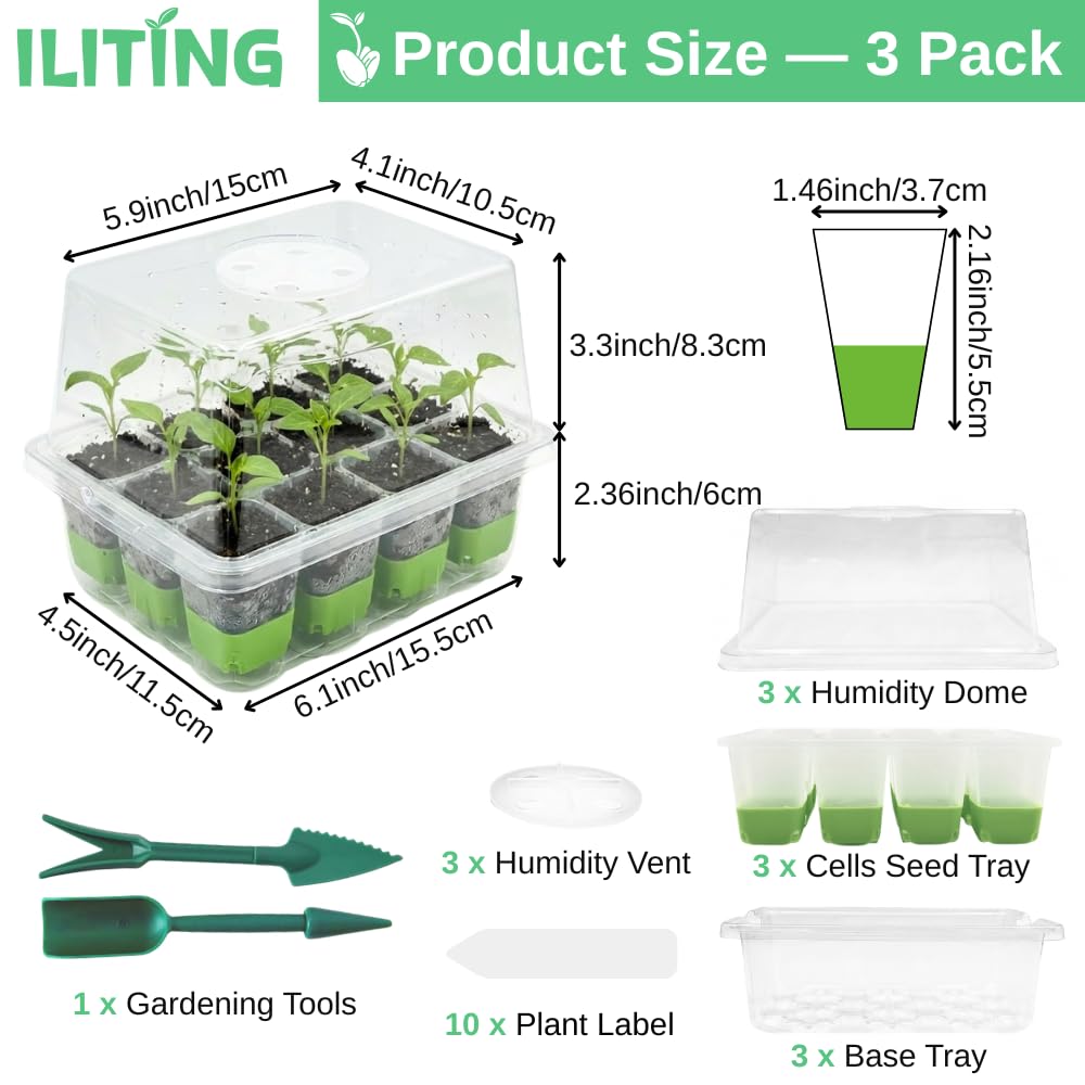 ILITING Seed Starter Kit 3 Pack, Reusable Silicone Seedling Starter Trays 36 Cells Seed Starter Tray, with Humidity Dome, Foldable Design for Easy Transplanting