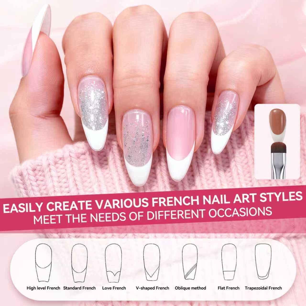 Nail Art Brushes Set 2-Piece: French Tip Brush and 12mm Liner Brush for Gel Clean Up, Smile Lines & Nail Design (Green)