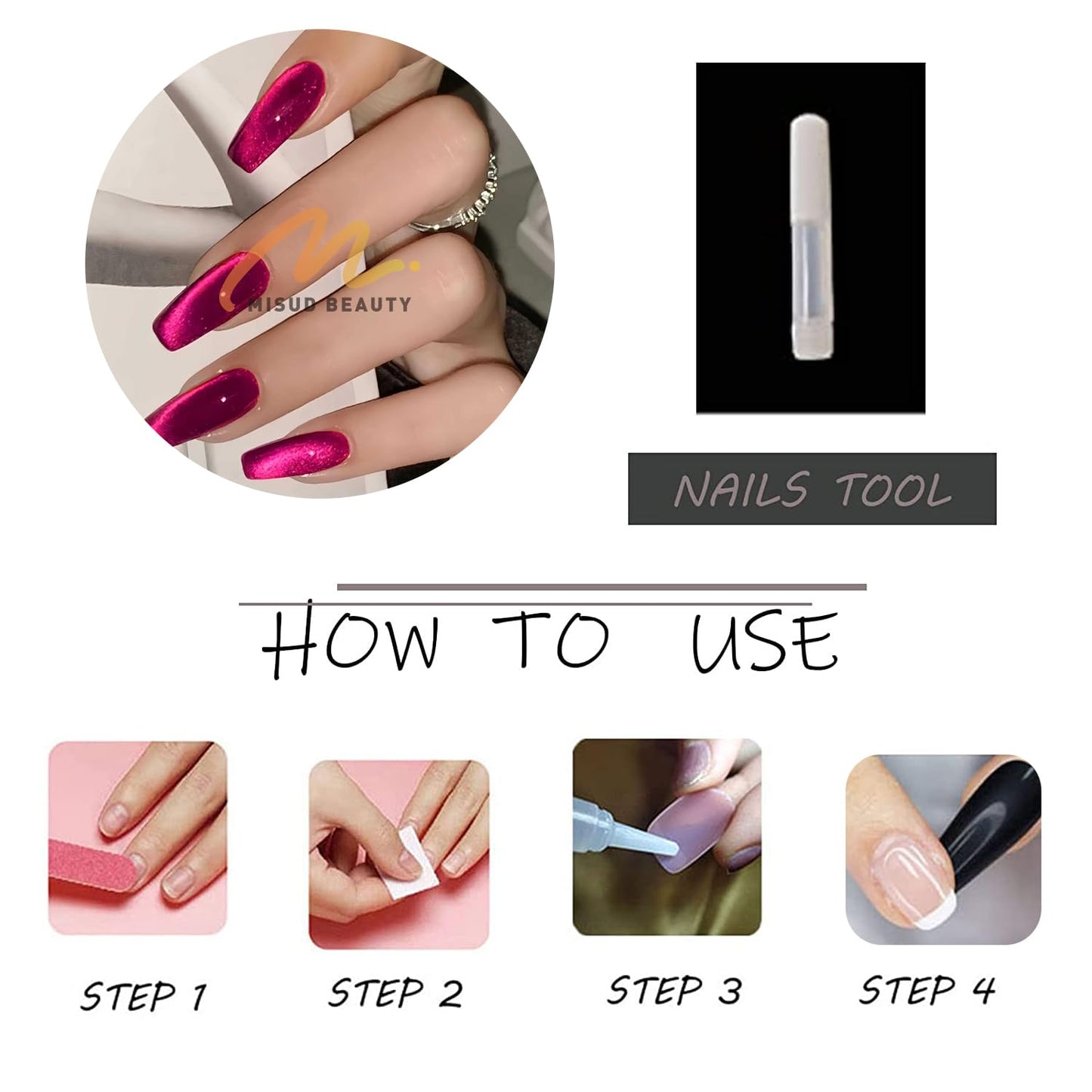 MISUD Press on Nails - Long Coffin Fake Nails with Summer Hot Pink Cat Eye, Acrylic Bling Glitter Design 24 pcs