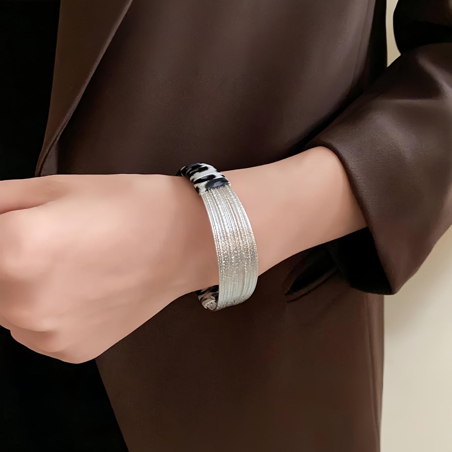 Chunky Silver Bangle Bracelets for Women, Trendy Open Adjustable Filigrace Bracelets with Leather Wrap Stackable Statement Leopard Cuff Bracelet for Women & Men Handmade Jewelry for Christmas Birthday
