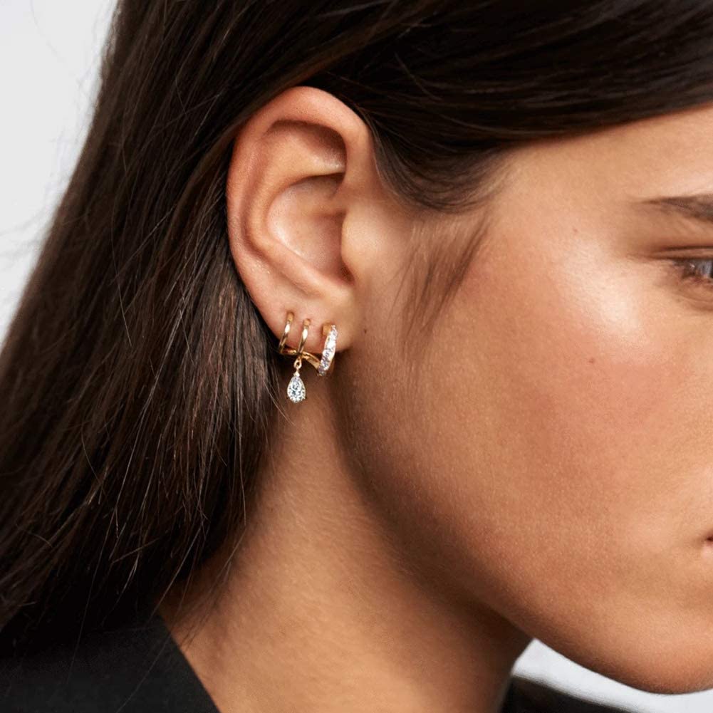 Obidos 14K Gold Plated Triple Huggie Earrings with Illusion Studs | Hypoallergenic Hoops for Women
