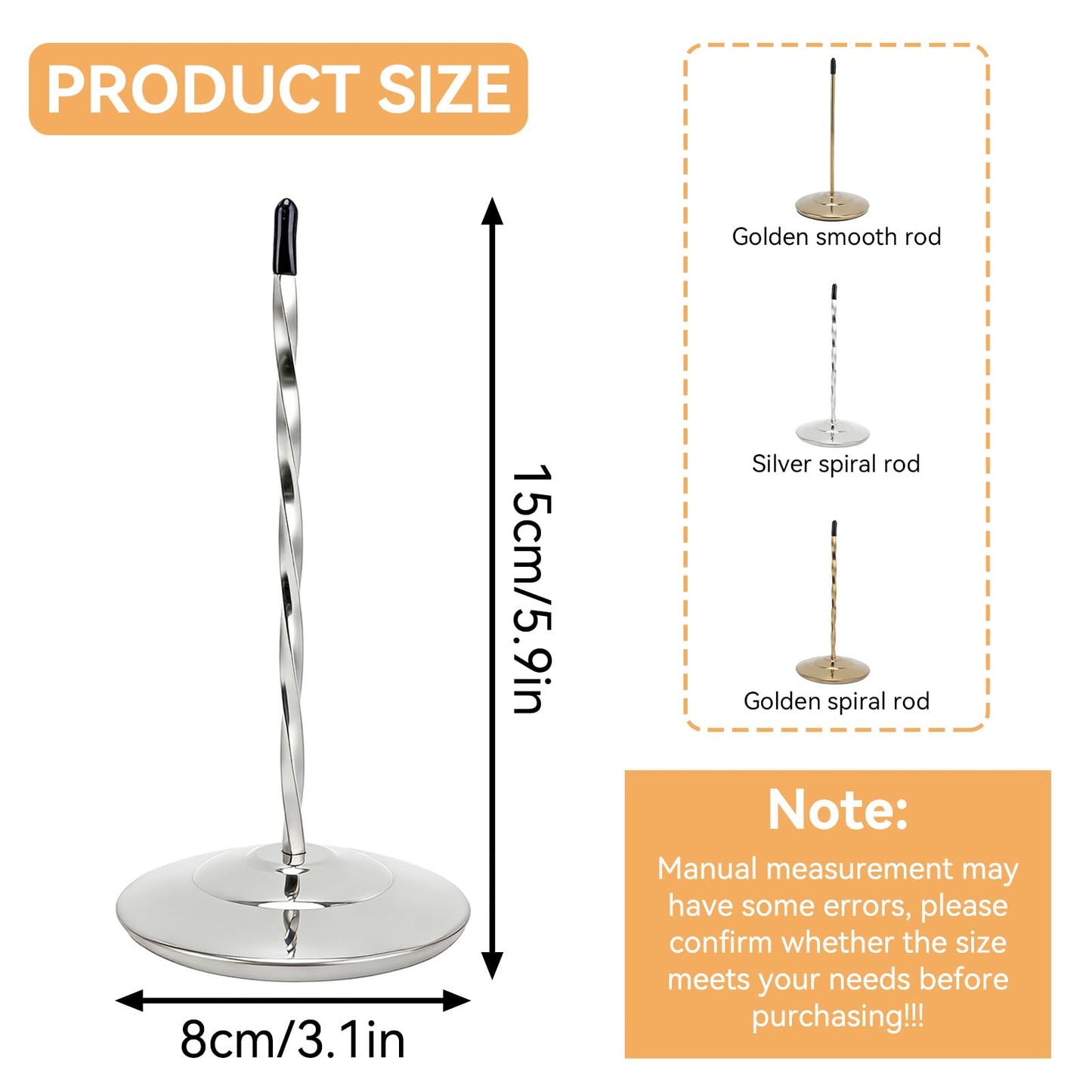 Receipt Spike Holder, Desk Receipt Holder Bill Fork Restaurant Ticket Stabber with Non-Slip Rubber Cover, 80mm Wide Base and Thick Rod for Restaurant Office Desk Memo Check Paper Organizer, Silver
