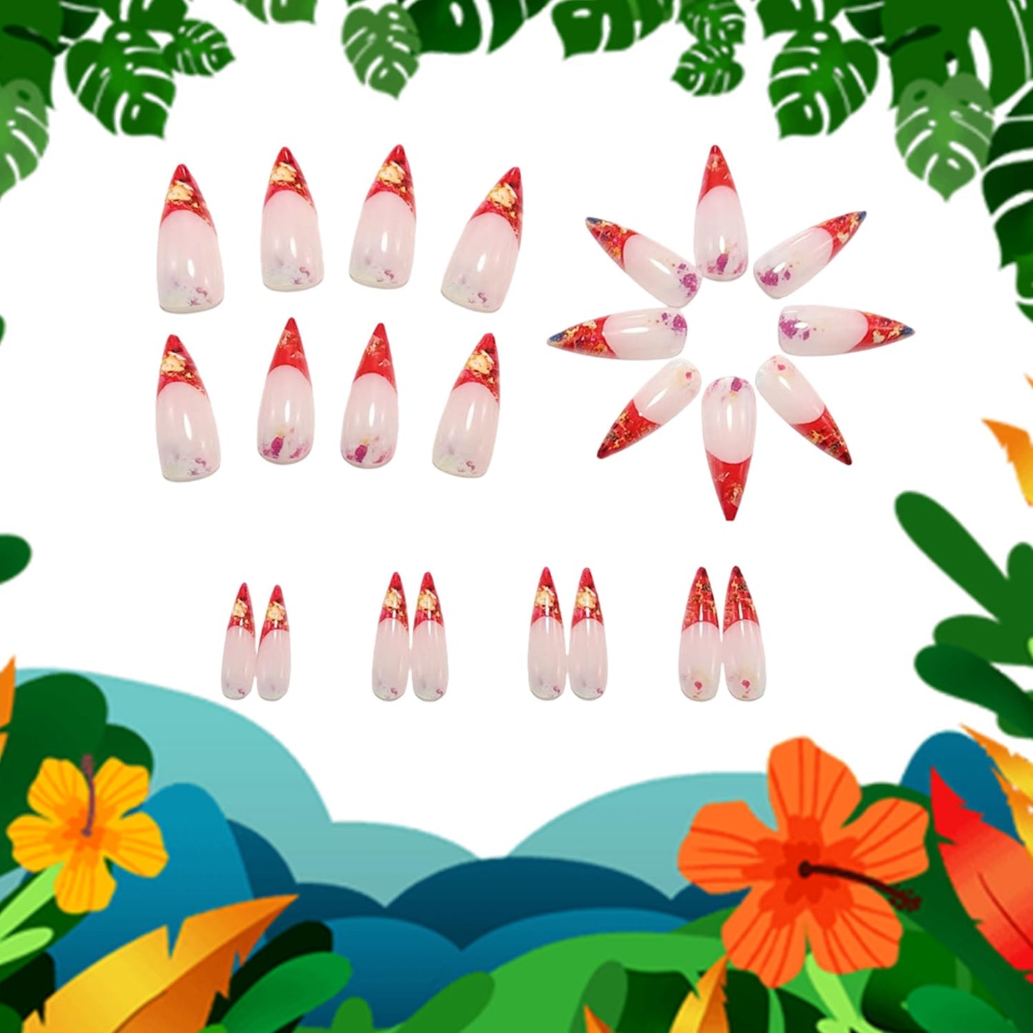 24Pcs Press on Nails Almond Shaped Artificial Acrylic French Orange Tips Rhombic False Nails with Design Medium Stick on Nail Full Cover Glossy Press Ons Artificial Fingernails for Women Manicure