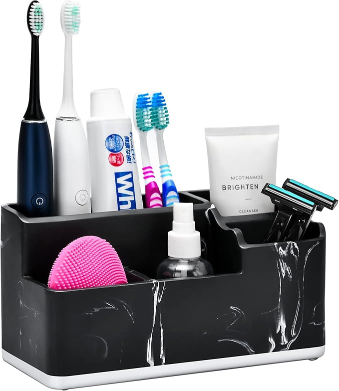 VITVITI Toothbrush Holders for Bathroom, Bathroom Organizer Countertop, 5 Compartment Bathroom Accessories Storage for Toothpaste/Vanity Counter/Sink, Black Resin of Marble Color