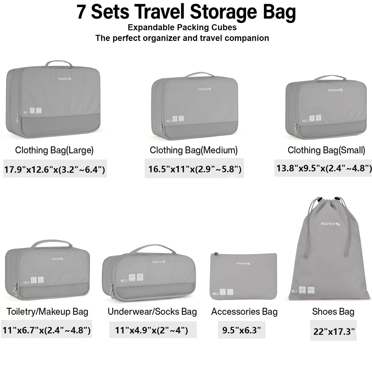 Hanke 7 Set Compression Packing Cubes for Travel, Expandable Large Packing Cubes for Suitcases and Backpack, Luggage Packing Organizer Bags with Double Zipper as Travel Essentials,Light Grey