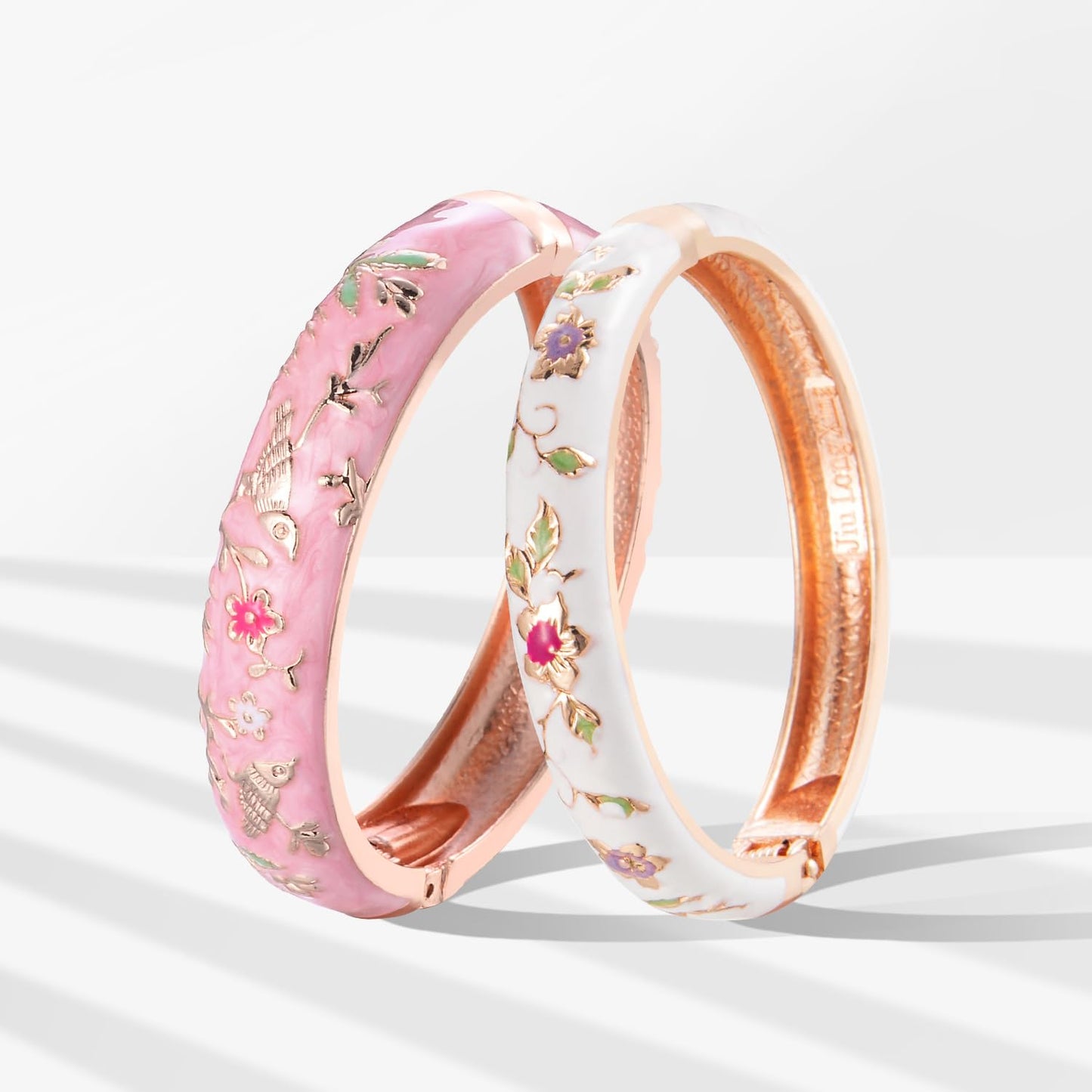 UJOY Colors Handcraft Jewelry Cloisonne Bracelet Enamel Bird Spring Hinged Womens Bangles Gifts Box 55C49-55A82 Pink White