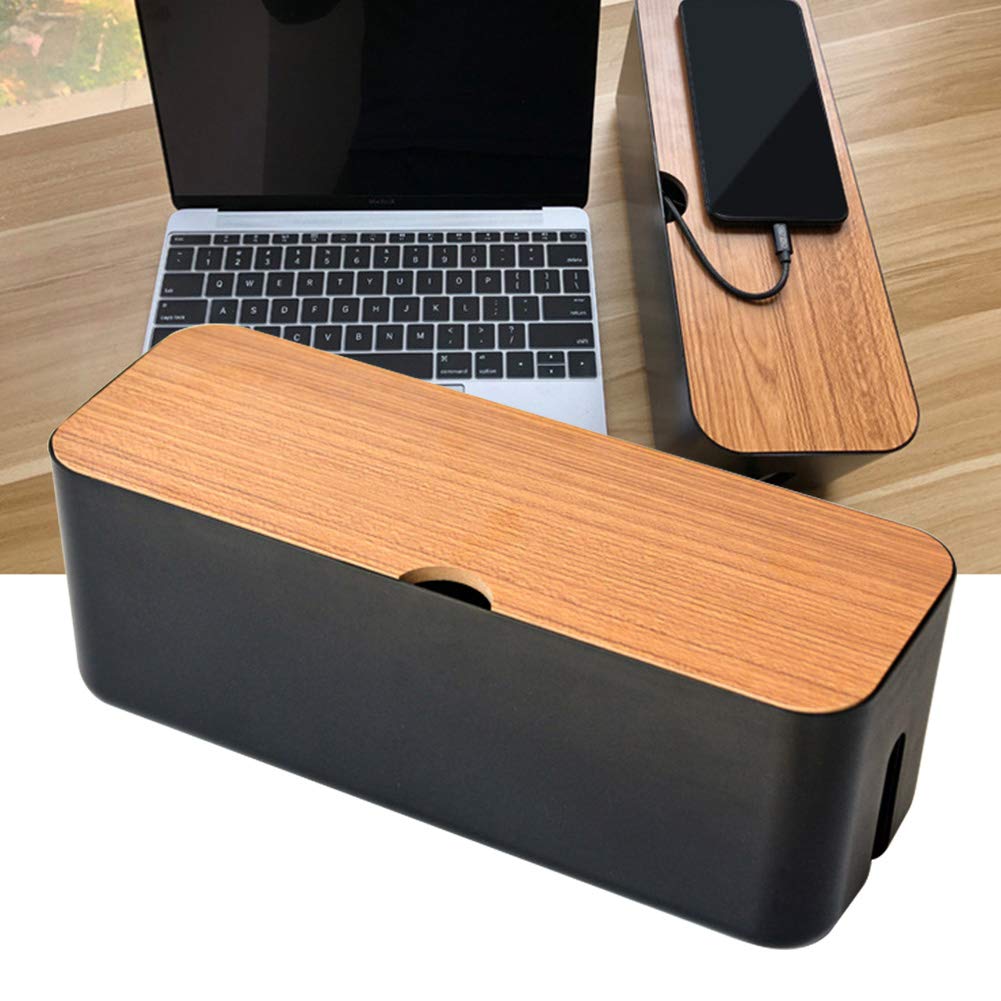Cable Management Box - Wooden Style Large Cord Organizer Box to Hide Wires & Power Strips | Desk Computer Cable Organizer Box | Safe ABS Materia for Home & Office (Black)