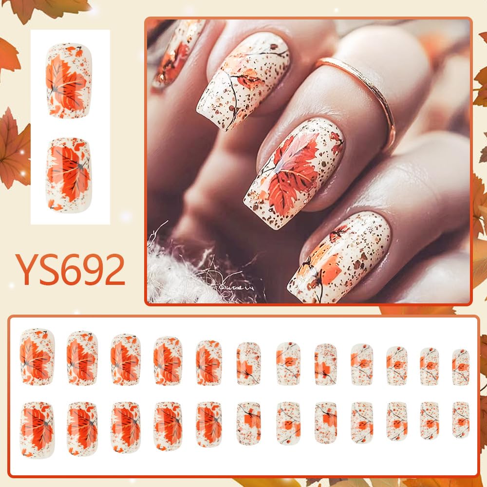 Fall Press on Nails Maple Leaves Fake Nails Medium Square False Nail with Gradient Designs Full Cover Reusable Acrylic Cute Autumn Nail for Women Girls 24Pcs