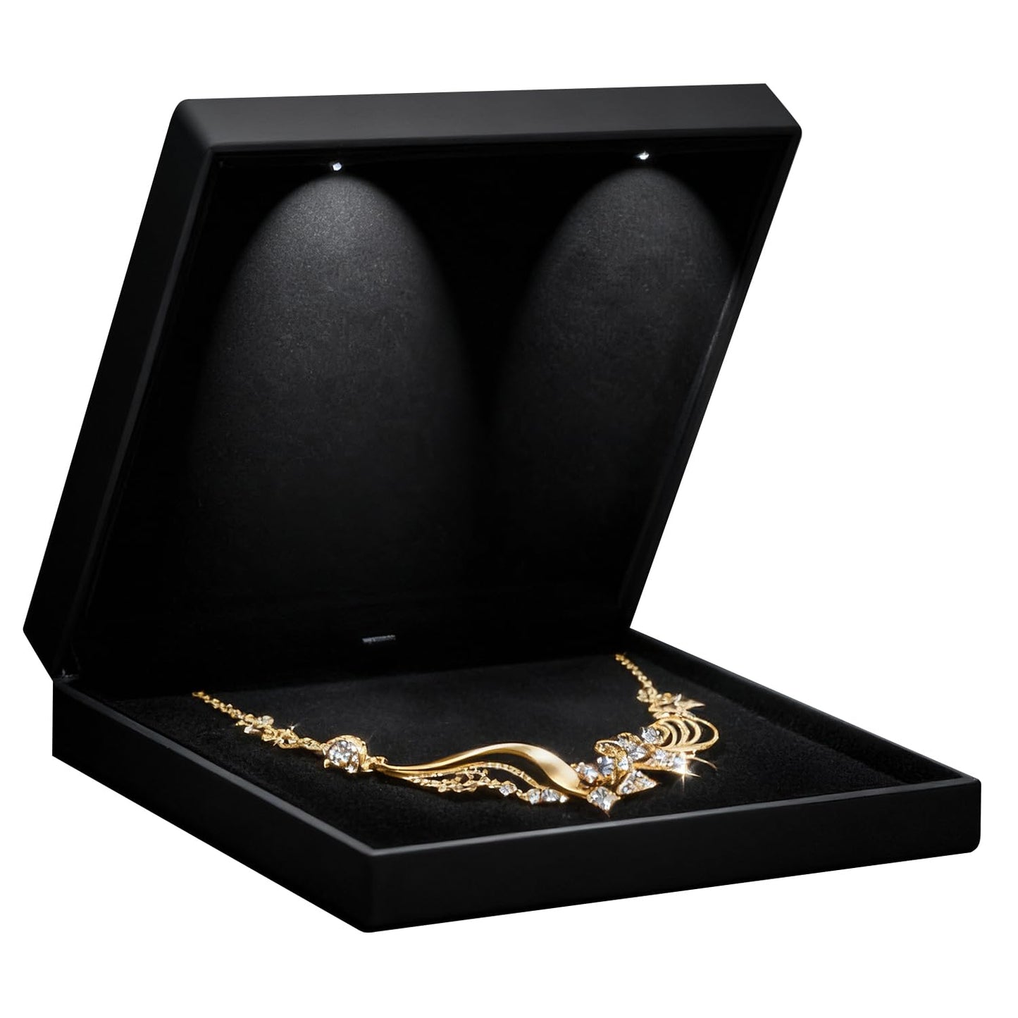 Allure - Large Necklace Box With LED Light, Square Shaped, Elegant Diamond Necklace Case, For Unique Proposal, Engagement Or Wedding, Luxury Black Velvet Interior Jewelry Display Gift Box